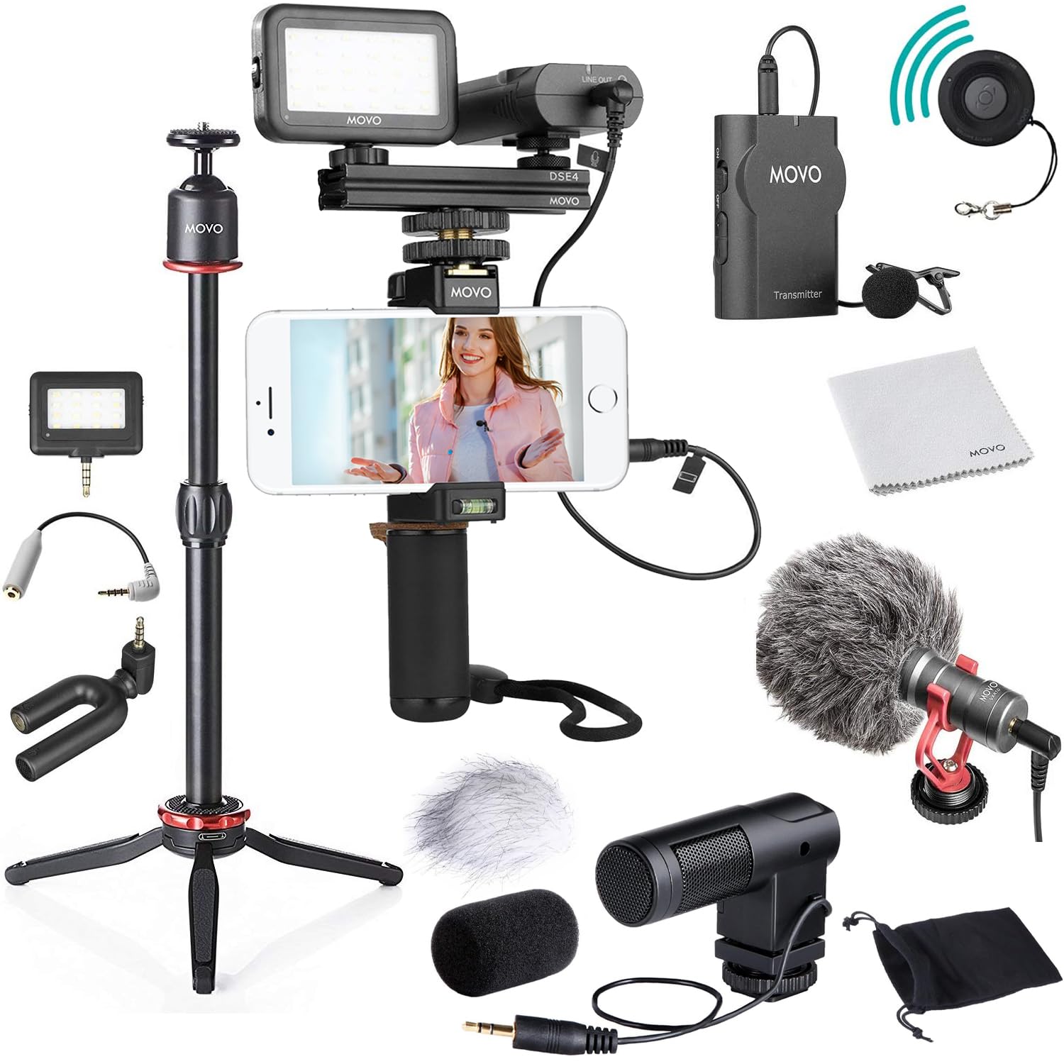 Movo V8 Huge Vlogging Kit for iPhone with Tripod, Grip, Microphones, LED Lights, and Wireless Remote Vlog Kit - YouTube Starter Kit for iPhone or Samsung - iPhone Vlogging Kit Equipment - Very Good