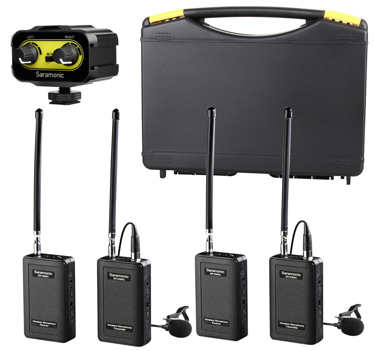 Saramonic Wireless VHF Lavalier Microphone Bundle with 2 Bodypack Transmitters, 2 Receivers, and 2-Ch Mixer for DSLR Cameras, Camcorders and More - 200' Wireless Transmission Range (Black and Yellow) - Like New