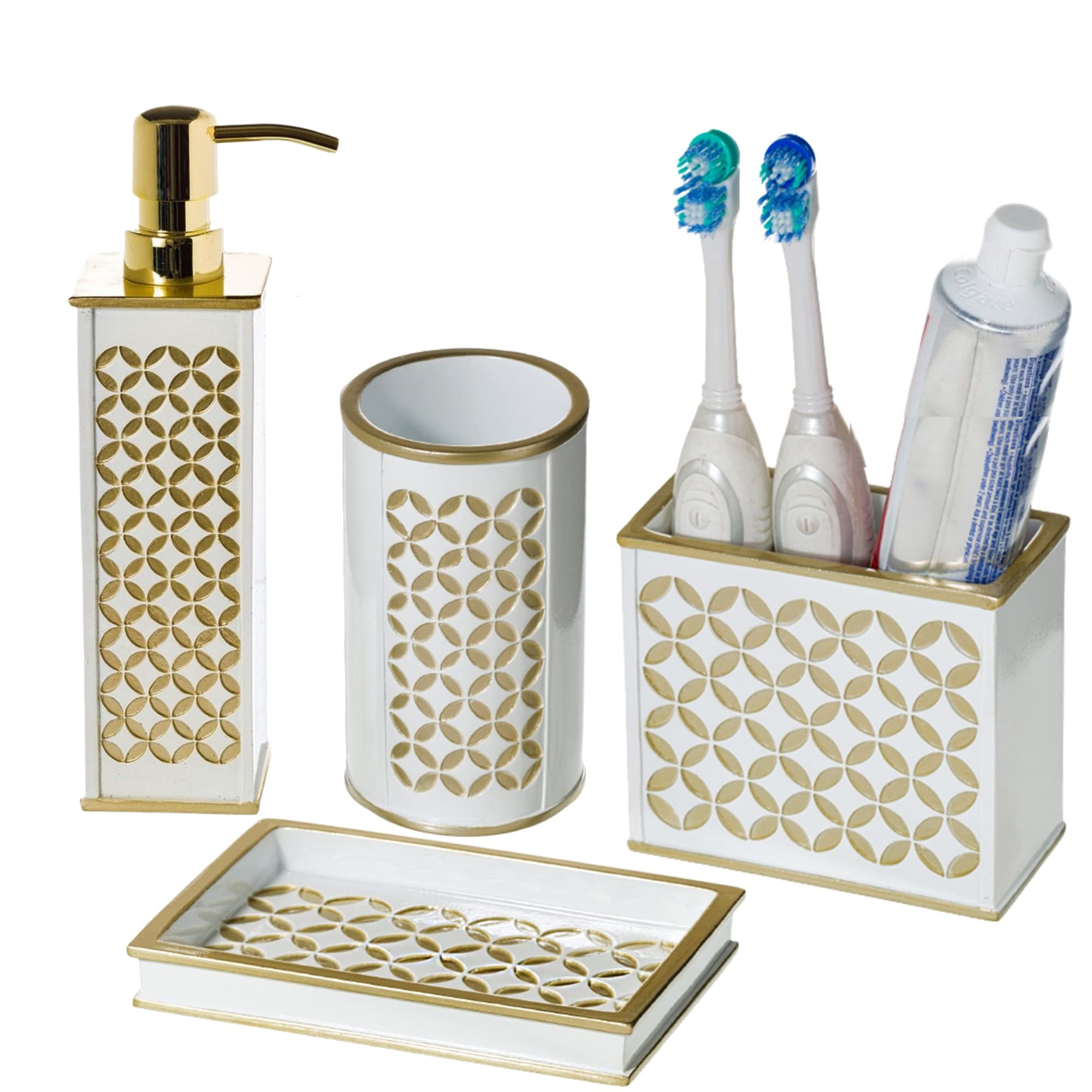 Creative Scents White Bathroom Accessories Set - Decorative 4 Piece Bathroom Accessory Set Includes: Soap Dispenser, Toothbrush Holder, Soap Dish and Tumbler, Gift Packaged (Diamond Lattice) - Like New