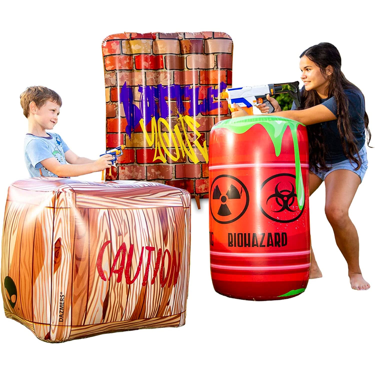 Inflatable Battle Obstacles Set - Inflatable Bunker Fort - 3 Inflatable Barriers - Barrel, Container Box and Wall - Laser Tag, Paintball, Dart Blaster, Water and Airsoft Guns - Like New