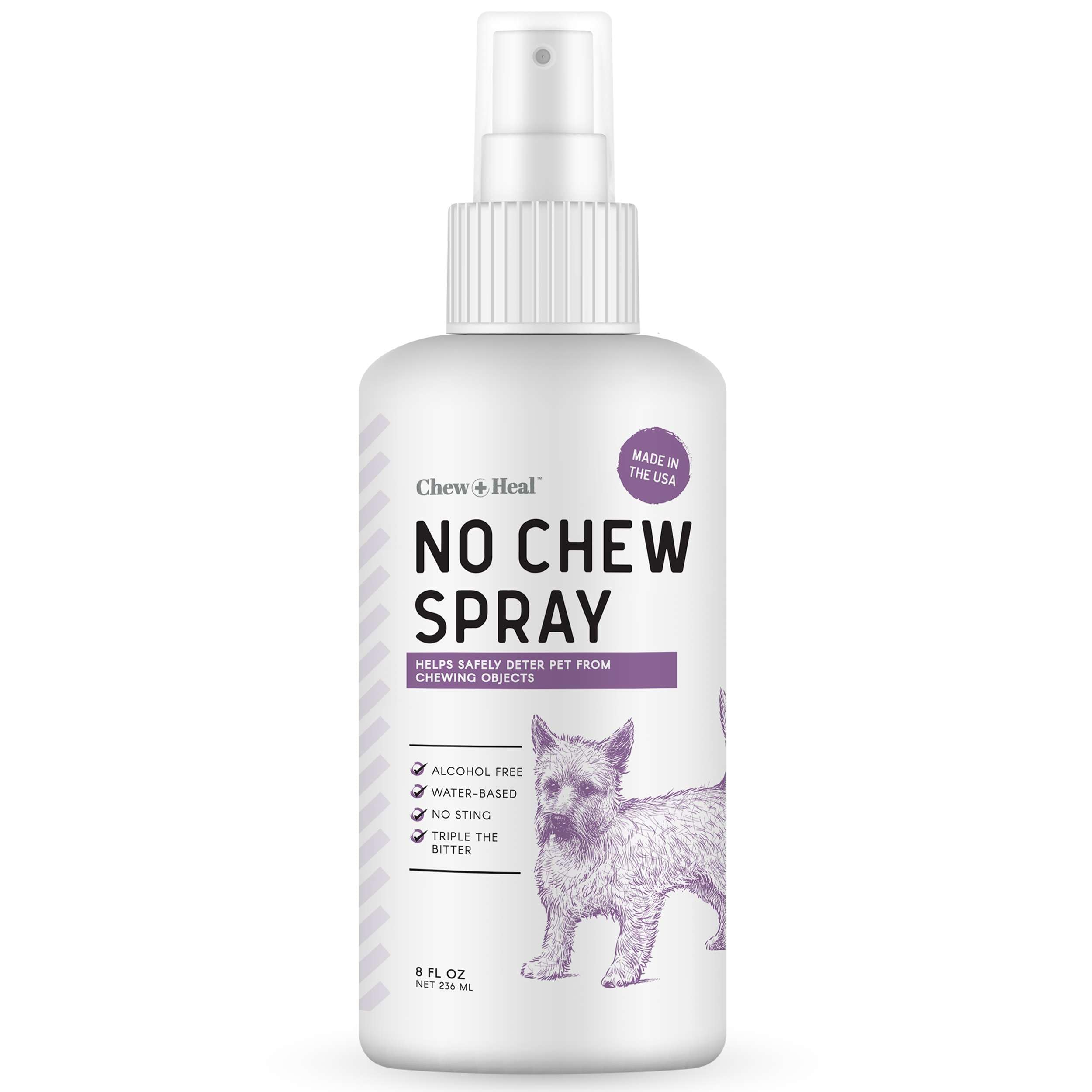 No Chew Spray for Dogs, 8 oz - No Sting, Alcohol Free Bitter Dog and Cat Deterrent Spray - Anti Chew Spray for Furniture, Hot Spots, and More - Chew + Heal