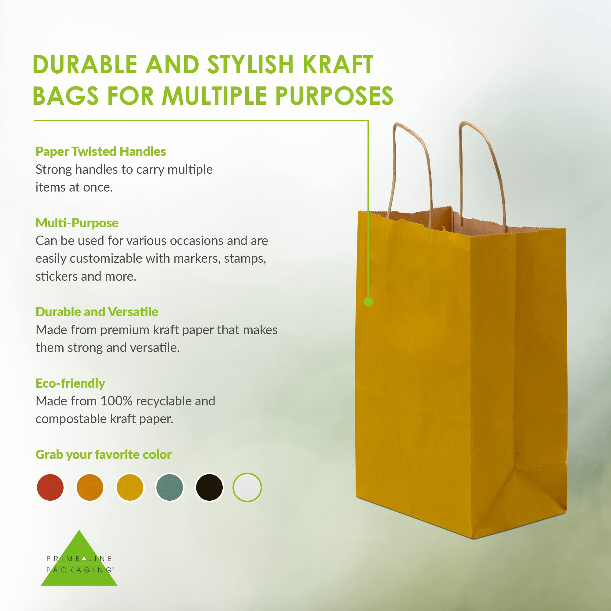 Prime Line Packaging 8x4x10 100 Pack Small Shopping Bags with Handles, Yellow Eco Friendly Gift Bags, Retail Paper Bags for Small Business, in Bulk  - Like New