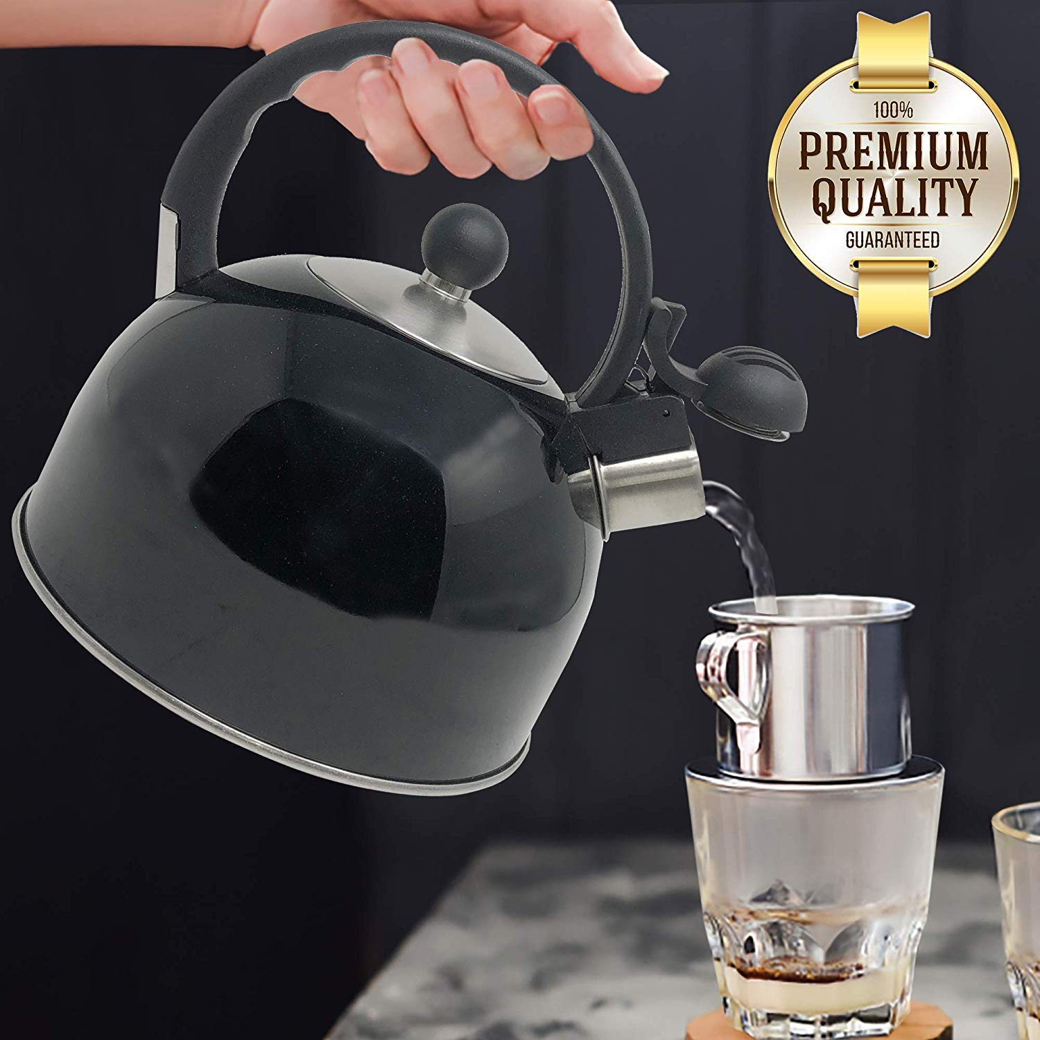 2.5 Liter Whistling Tea Kettle - Modern Stainless Steel Whistling Tea Pot for Stovetop with Cool Grip Ergonomic Handle (Black) - Acceptable