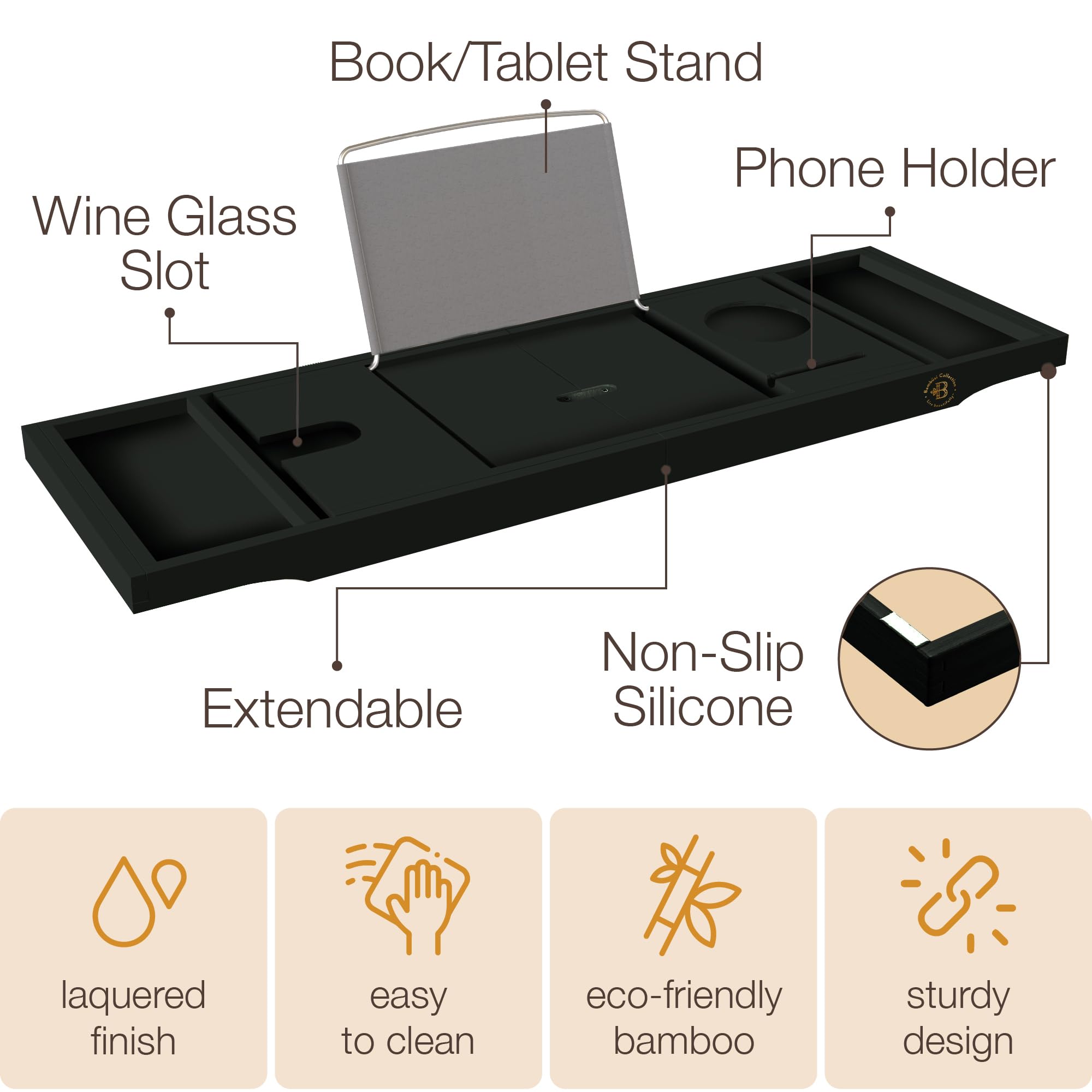 Bamb�si Bathtub Tray Table - Collapsible & Adjustable Bathtub Caddy - Space-Saving Folding Bath Tub Tray - Wood Bathtub Accessories - Unique Valentines Day Gifts for Women or Men (Black Bamboo) - Like New