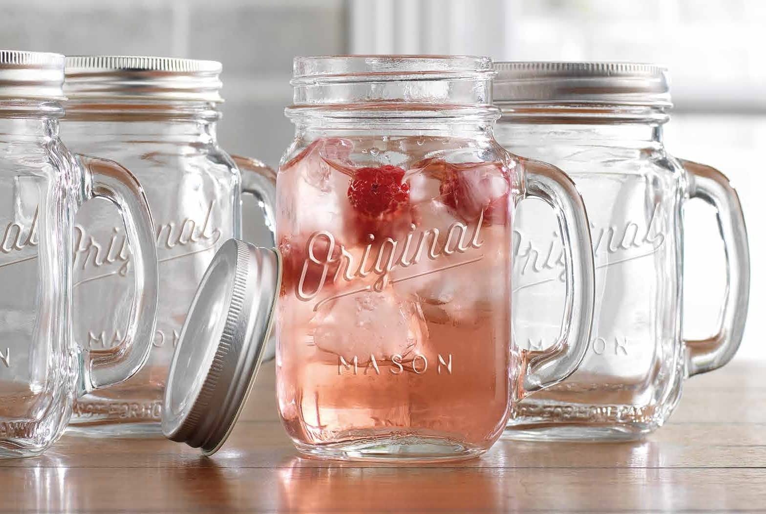 Mason Jar 16 Oz. Glass Mugs with Handle and Lid Set Of 4 - Home Essentials & Beyond - Old Fashioned Drinking Glass Bottles Original Mason Jar Pint Sized Cup Set. - Acceptable