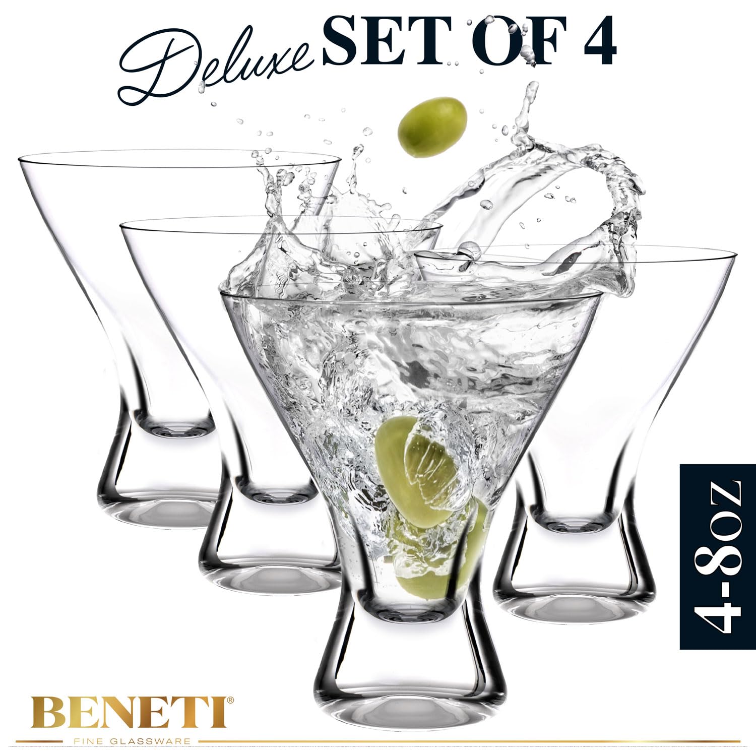 BENETI Martini Glasses | Made In Europe | Stemless Cocktail Bar Glasses Set for Parties - Like New