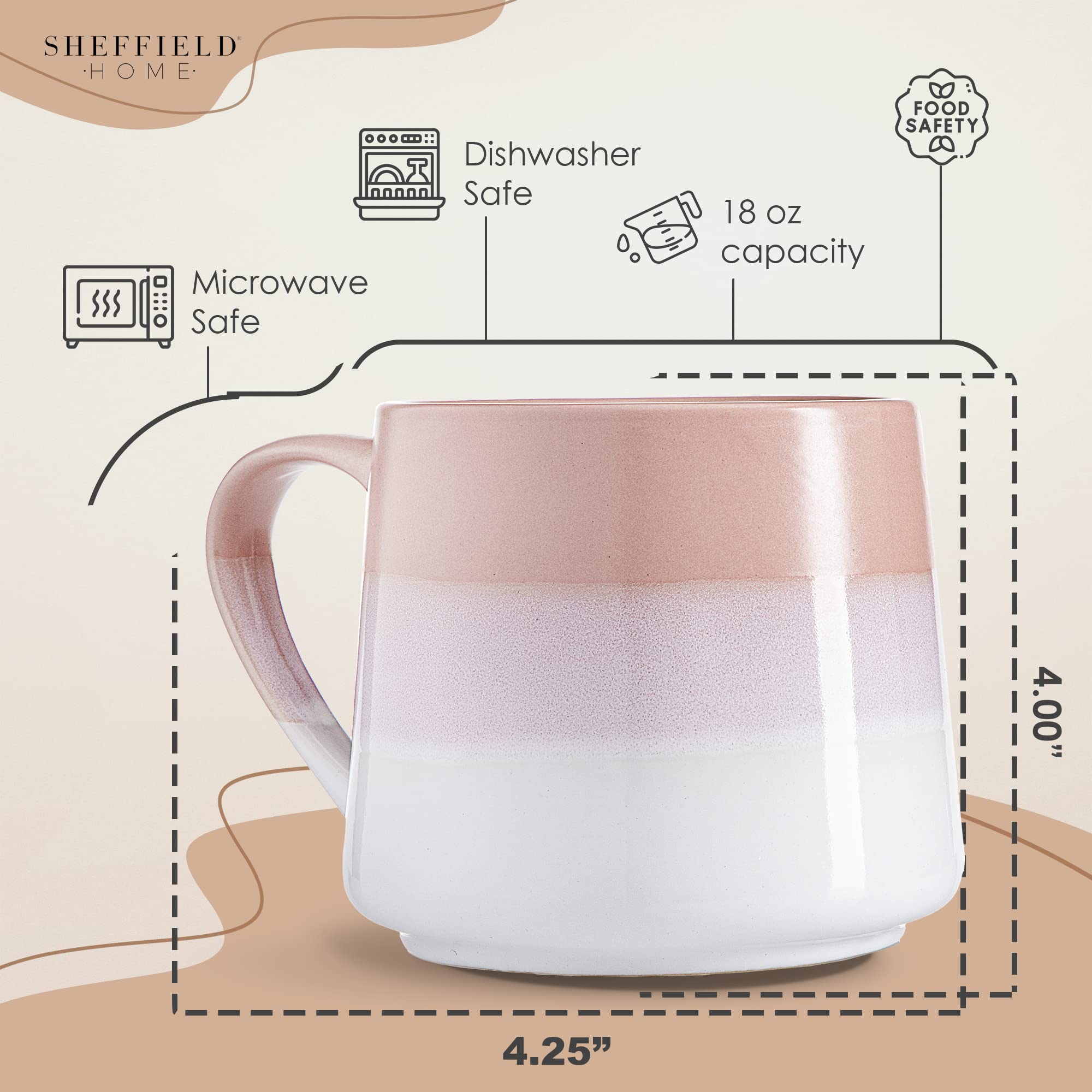 Heartland Hive Set of 4 Stoneware Coffee Mugs- Ombre Printed Bright & Colorful Coffee Cups, Mugs for Tea, Latte, and Hot Chocolate, 20 oz (Tan) - Like New