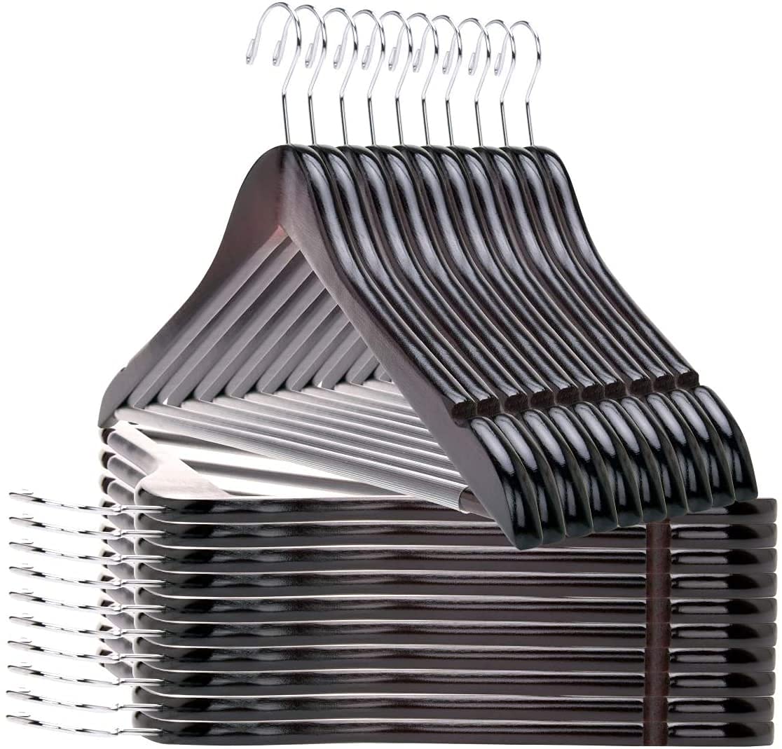 Quality Wooden Hangers - Slightly Curved Hanger 30-Pack Sets - Solid Wood Coat Hangers with Stylish Chrome Hooks - Heavy-Duty Clothes, Jacket, Shirt, Pants, Suit Hangers (Mahogany, 30) - Like New