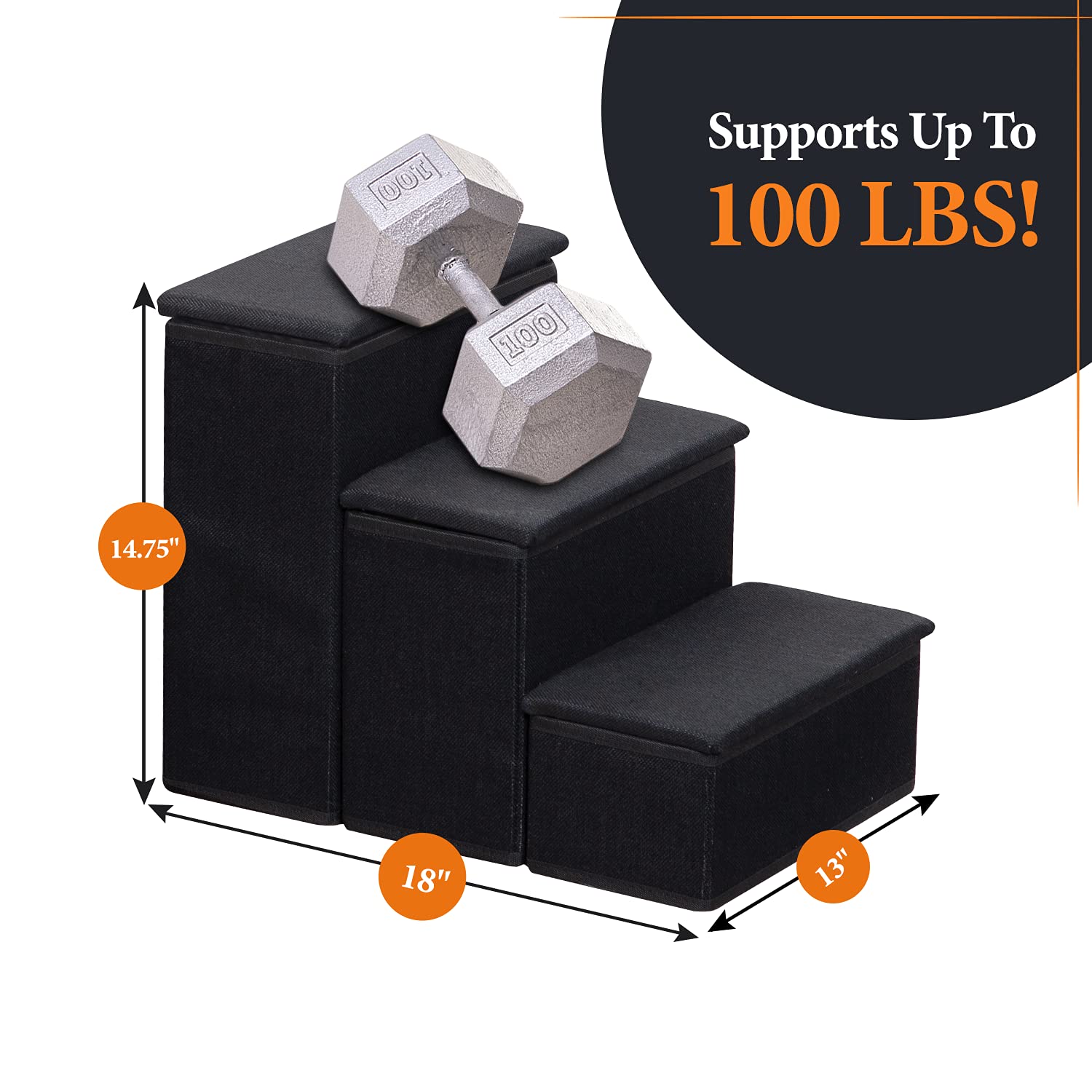 Bundaloo Dog Stairs with Storage - Foldable & Non-Slip 3-Layer Steps for Small & Medium Puppies, Cats - Spacious Compartment for Toys, Treats - Holds up to 100 lbs. - 14.75 x 13 x 18 Inches (Black)  - Very Good