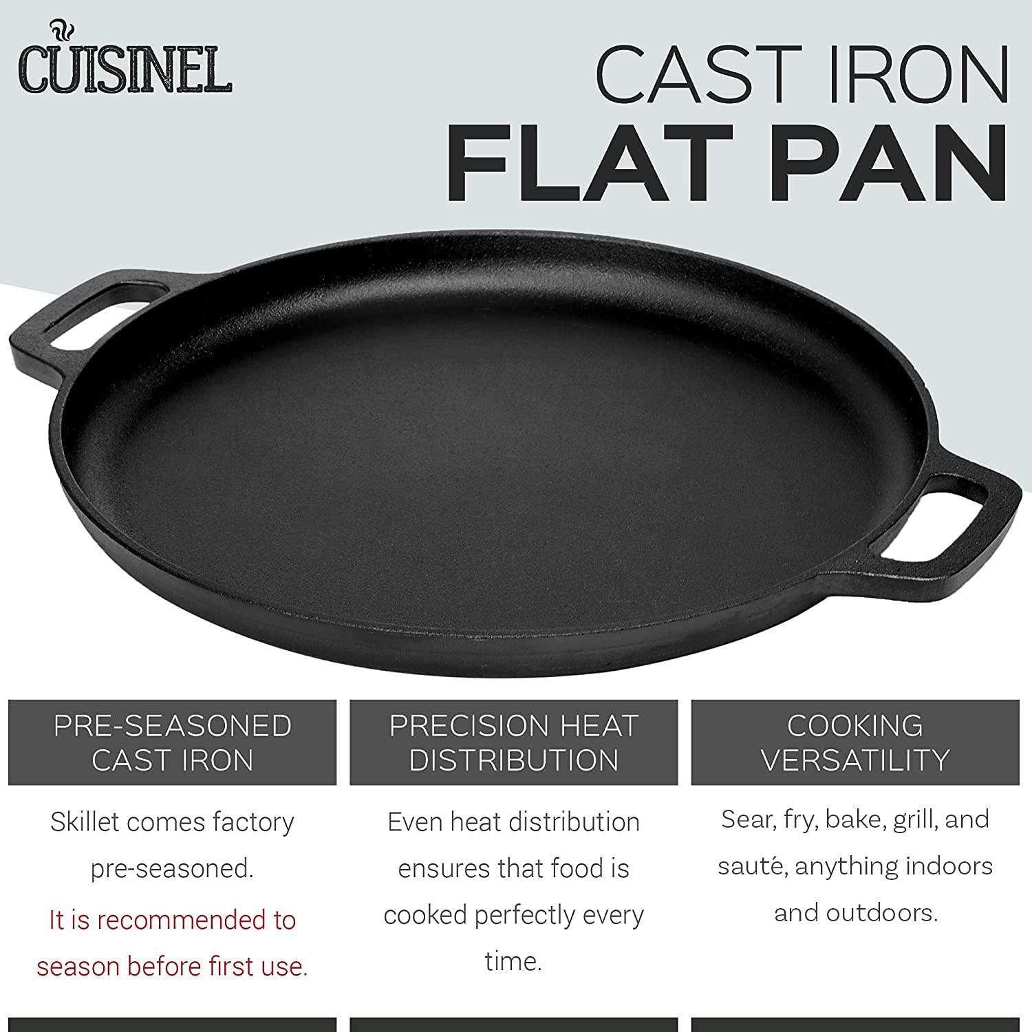 Cuisinel Cast Iron Pizza Pan/Round Griddle - 13.5" Flat Skillet - for Crepes and Frozen Pizza - Pre-Seasoned Comal for Tortillas - Dosa Tawa Roti - Works for Baking, Stove, Oven, Grill, BBQ, Campfire  - Like New