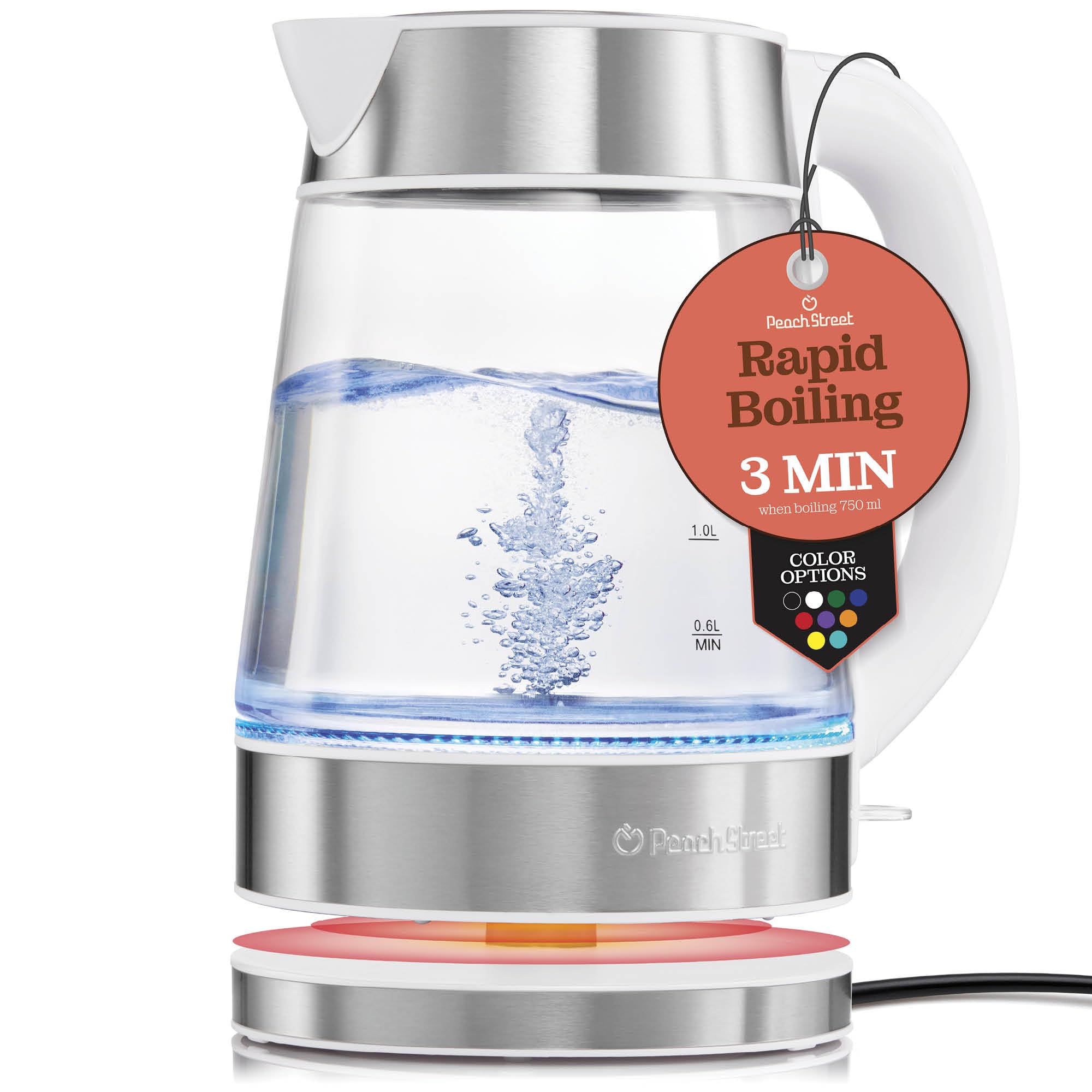 Speed-Boil Water Electric Kettle, 1.7L 1500W, Coffee & Tea Kettle Borosilicate Glass, Water Boiler, Auto Shut-Off, Cool Touch Handle, Base Detachable, LED. 360� Rotation, Boil Dry Protection (White) - Acceptable