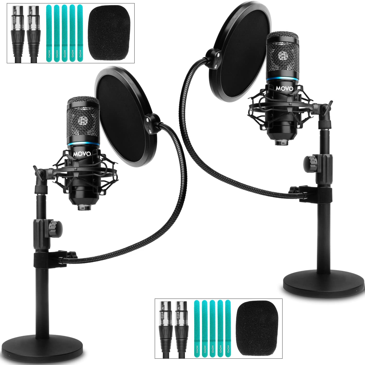 Movo PodPak2T 2-Pack Universal XLR Condenser Microphone Podcasting Equipment Bundle for 2 - Includes 2 Cardioid Mics, Desktop Stands, Shock Mounts, Pop Filters and Cables - Podcast and YouTube Kit - Acceptable