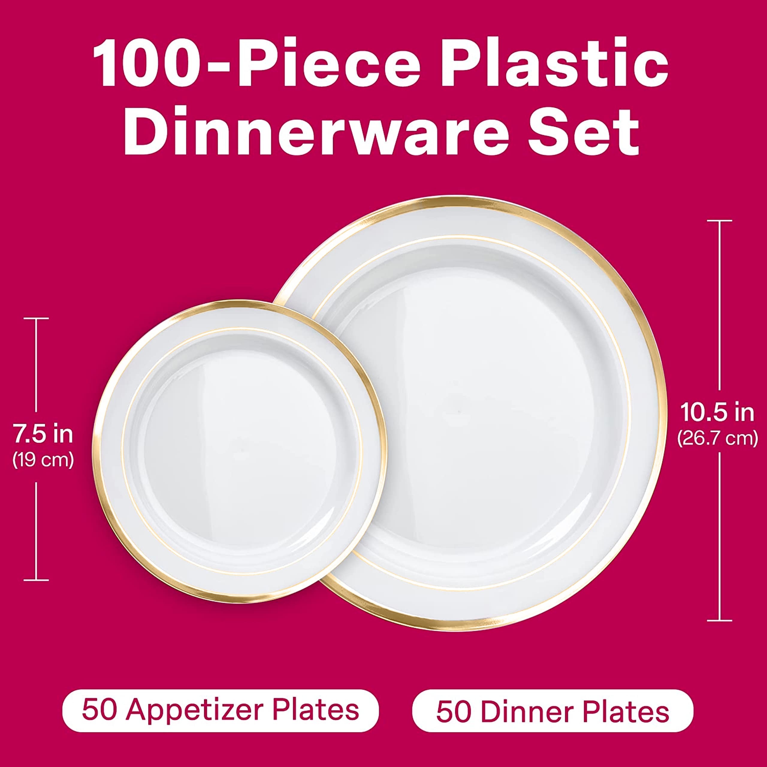 Aya's Cutlery Kingdom 100 White Plastic Plates Disposable with Gold Trim, 50 Plastic Dinner Plates 10.25" + 50 Salad, Dessert, Appetizer Plates 7.5" - Premium Elegant Heavy-Duty Christmas Party Plate - Good