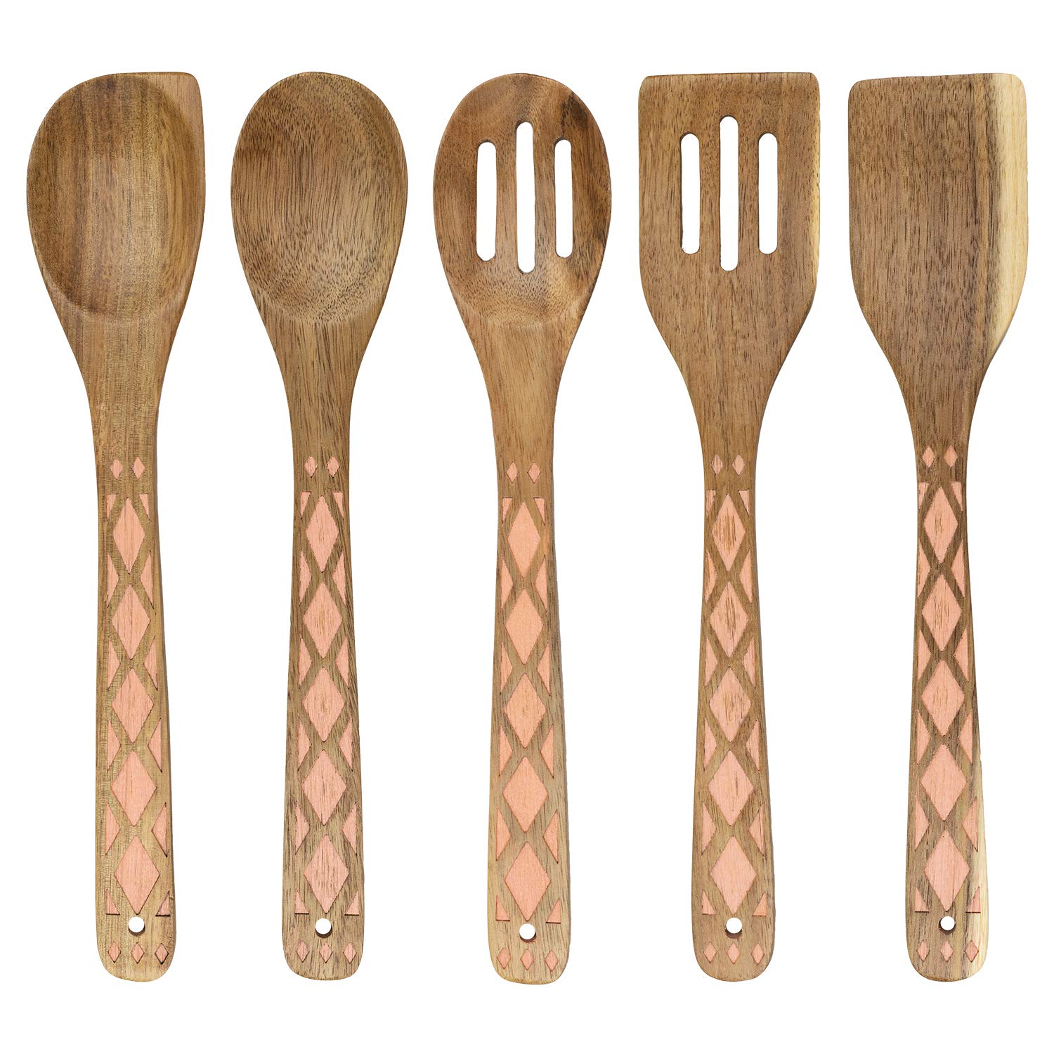 Country Kitchen 5 Piece Nonstick Utensil Set Acacia Wooden Kitchen Tools for Serving and Healthy Cooking with Inlay Design - Like New