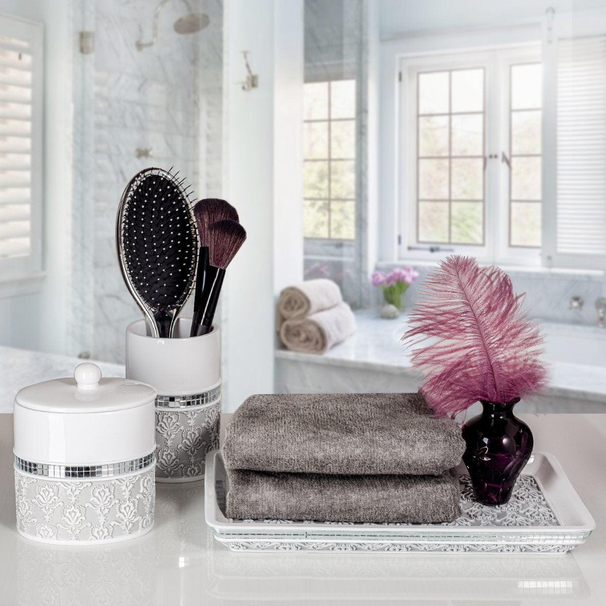 Creative Scents Mirror Damask Qtip Holder - Decorative Canister Jar, Durable Cotton Swab Ball Holder/Container - Beautiful Bathroom Vanity Accessories, Elegant Bath Accessories Storage (Gray & White) - Like New