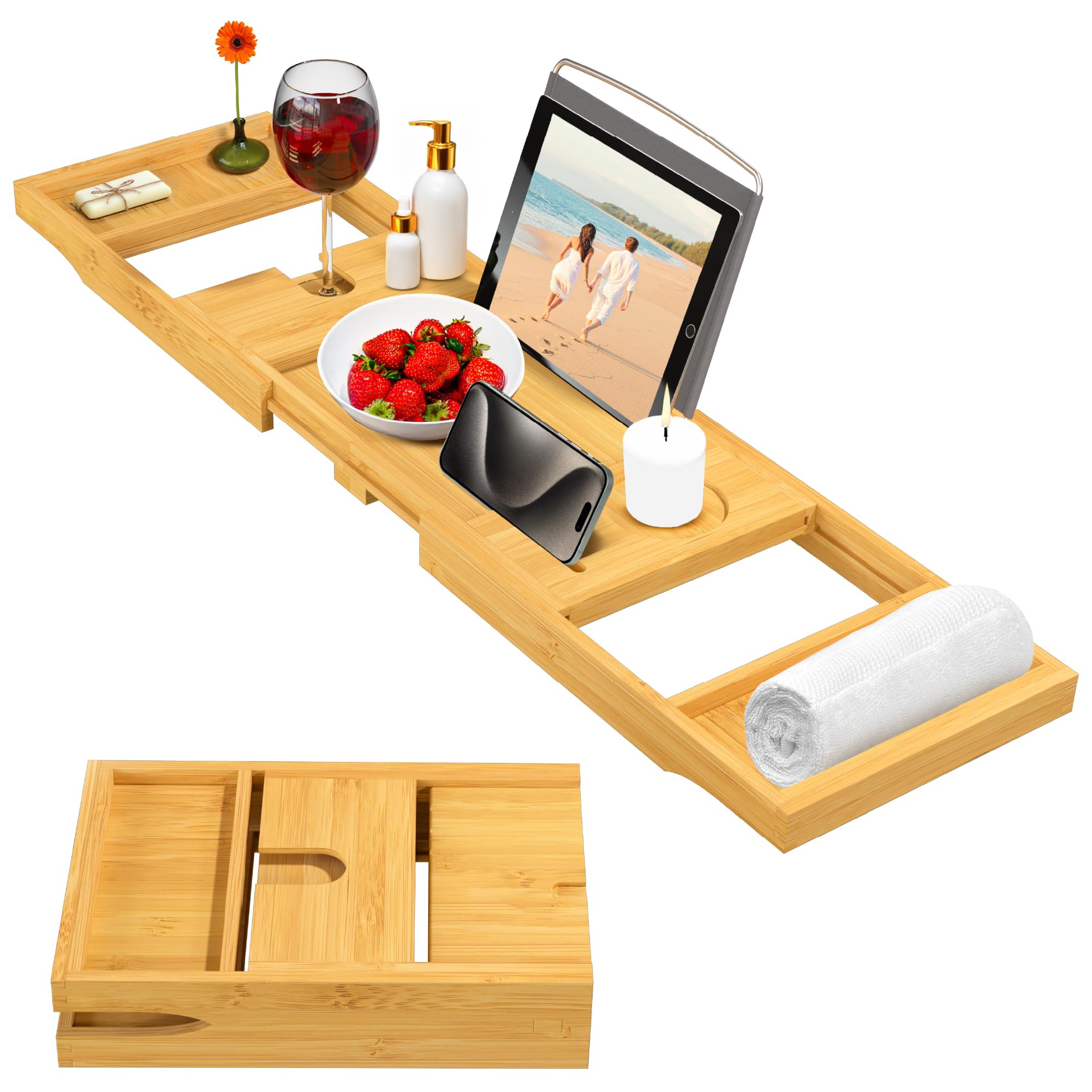 Bamb�si Bathtub Tray Table - Collapsible & Adjustable Bamboo Bathtub Caddy - Folding Bath Tub Tray - Wood Bathtub Accessories - Unique Gifts for Women or Men - Like New