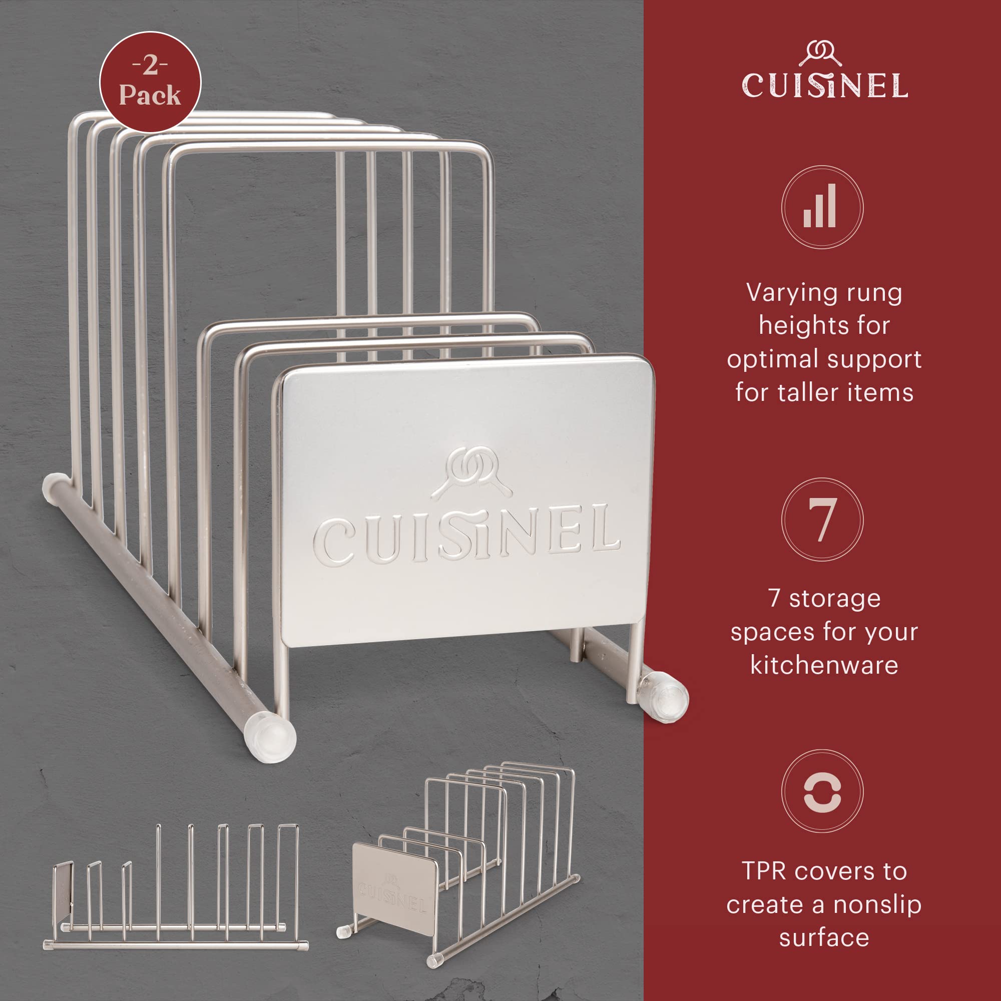 Cuisinel Lid and Dish Organizer Rack - 2-Pack Satin Nickel Kitchen Storage Organization Stand - Plate Holder, Pan/Pot Covers, Cutting Board and Cookie Sheet Divider - 7-Tier Cabinet/Counter Display  - Acceptable