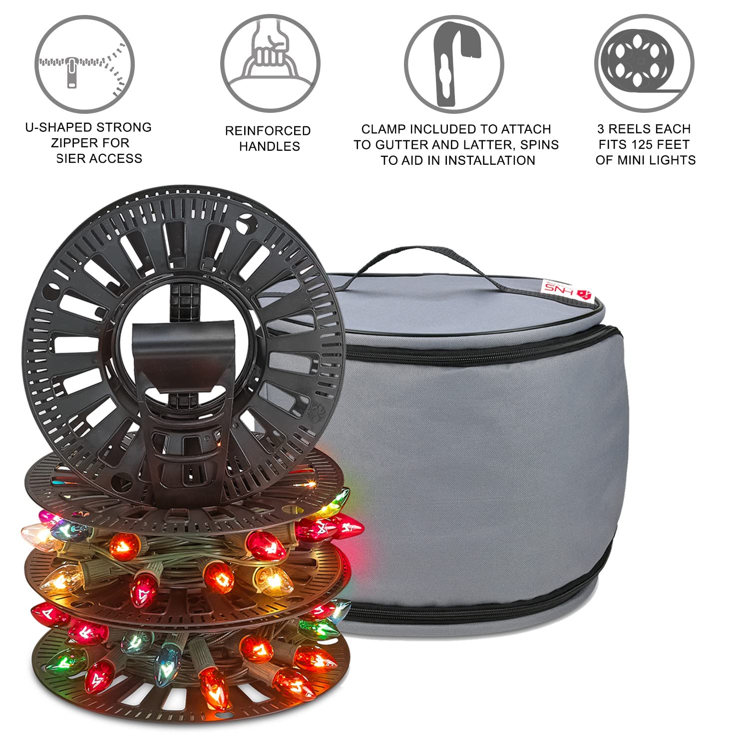 Premium Christmas Light Storage Bag – Heavy Duty Tear Proof 600D/Inside PVC Material with Reinforced Handles - with 3 Reels Stores up to 375 Ft of Mini Christmas Tree Lights & Extension Cords - Like New