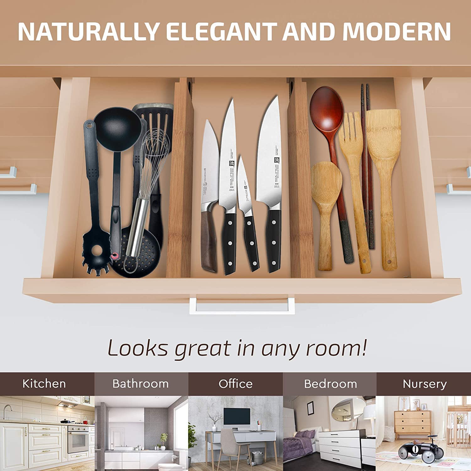 Large Kitchen Drawer Organizer - Expandable Bamboo Drawer Dividers (17" - 21.5") - Adjustable Separators for Kitchen, Clothes, Dresser, Bedroom, Bathroom, and Desk Drawers - 6-Pack - Like New