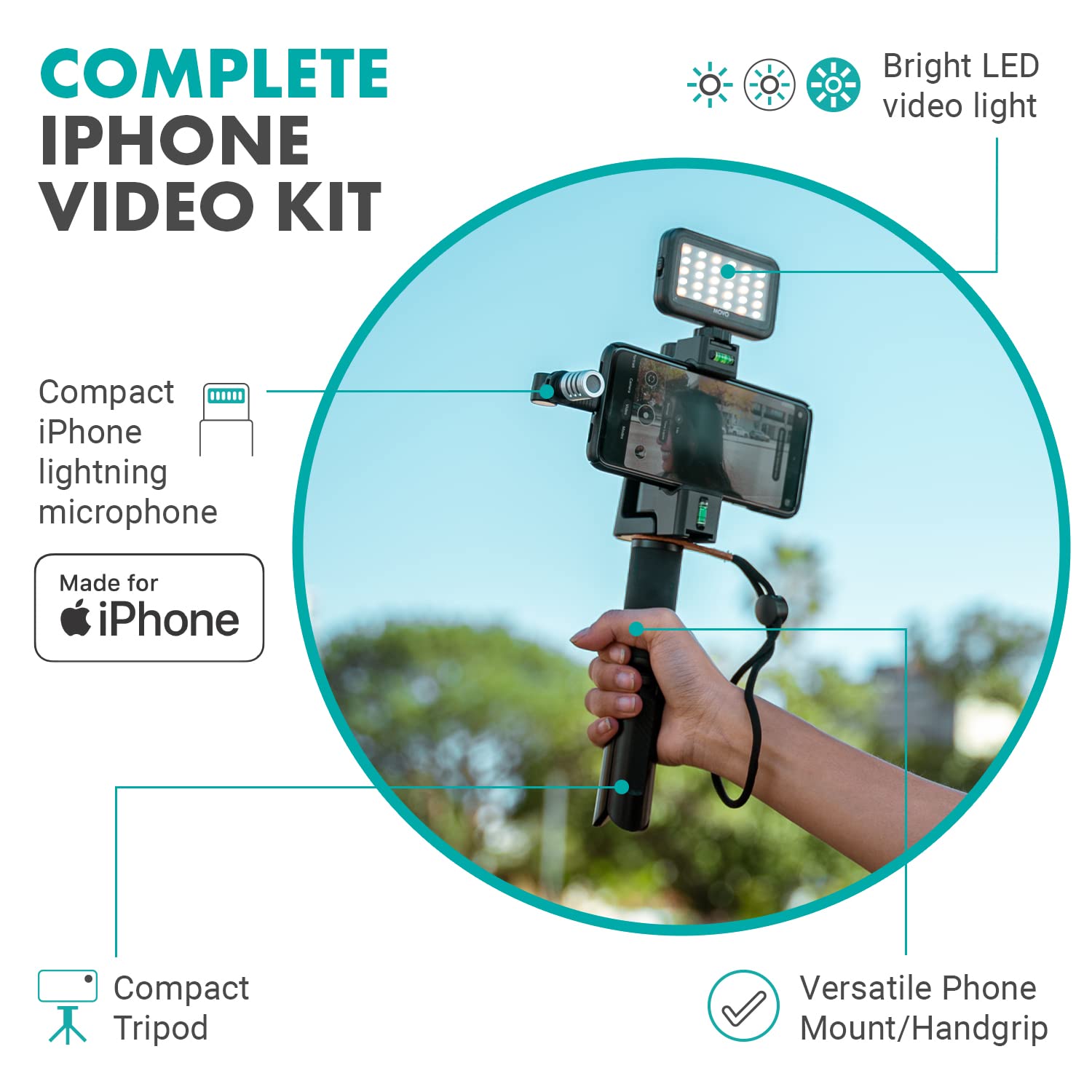 Movo iVlogSK Starter Kit for Content Creators - Smartphone Video Vlogging Kit for iPhone - Includes Lightning Microphone, LED Video Light, Phone Holder, Grip, and Mini Tripod - Like New
