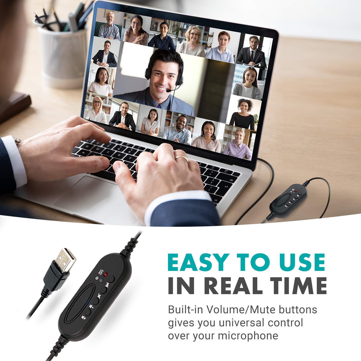 Movo HSM-1 USB Headset with Microphone - Universally Compatible with Laptop/Desktop, PC and Mac, Perfect for Podcasting, Gaming, Remote Work, Conferences, Online Education, with Volume/Mute Controls - Like New