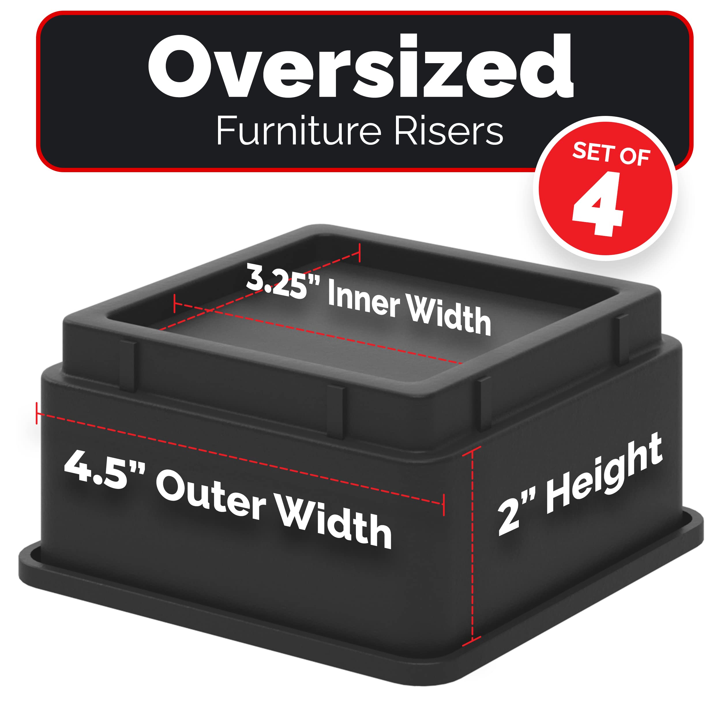 iPrimio Bed and Furniture Risers – Square Elevator up to 2” Per Riser and Lifts up to 10,000 LBs - Protect Floors and Surfaces – Durable ABS Plastic and Anti Slip Foam Grip – Stackable