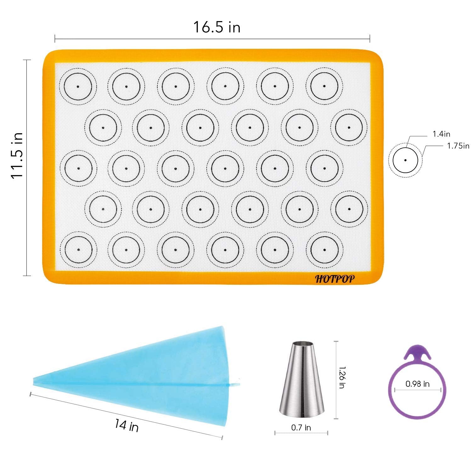 HOTPOP Macaron Baking Kit Cup Set (17pcs) � 2 Half Size Macaroons Baking Kit - Macaron Kit - Macaroon Baking Supplies - Kitchen Pastry Mat - 8 Piping Tips & 3 Piping Bags with 3 Bag Ties 1 Coupler - Acceptable