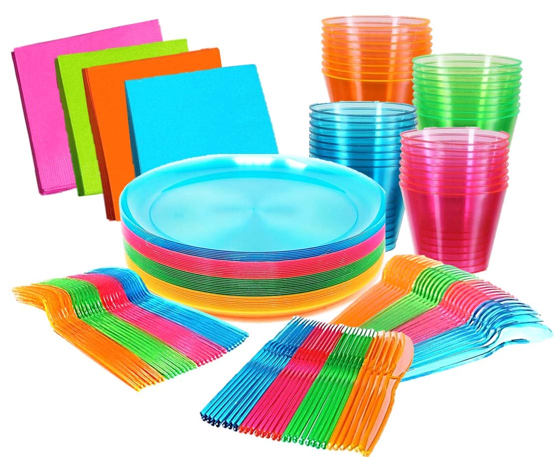 Glow Neon Party Supplies - Neon Cutlery with Neon Napkins, Hard Plastic & Disposable Neon Cutlery and Napkins, Cinco de Mayo Party Supplies, Glow In The Dark Neon Birthday Party Supplies - Like New