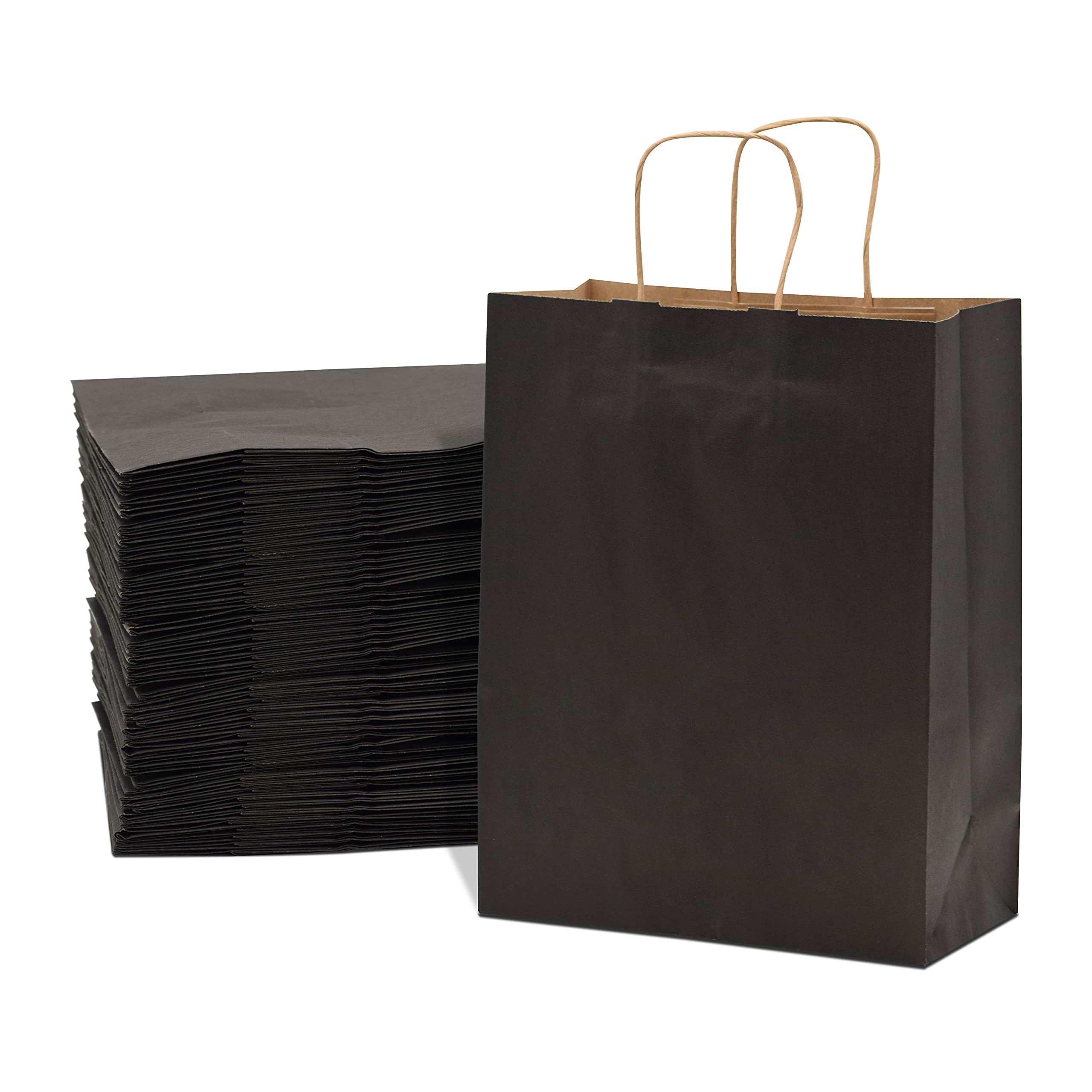 Black Gift Bags with Handles - 10x5x13 Inch 100 Pack Medium Kraft Paper Shopping Bags, Craft Totes in Bulk for Boutiques, Small Business, Retail Stores, Birthdays, Party Favors, Jewelry, Merchandise - Like New