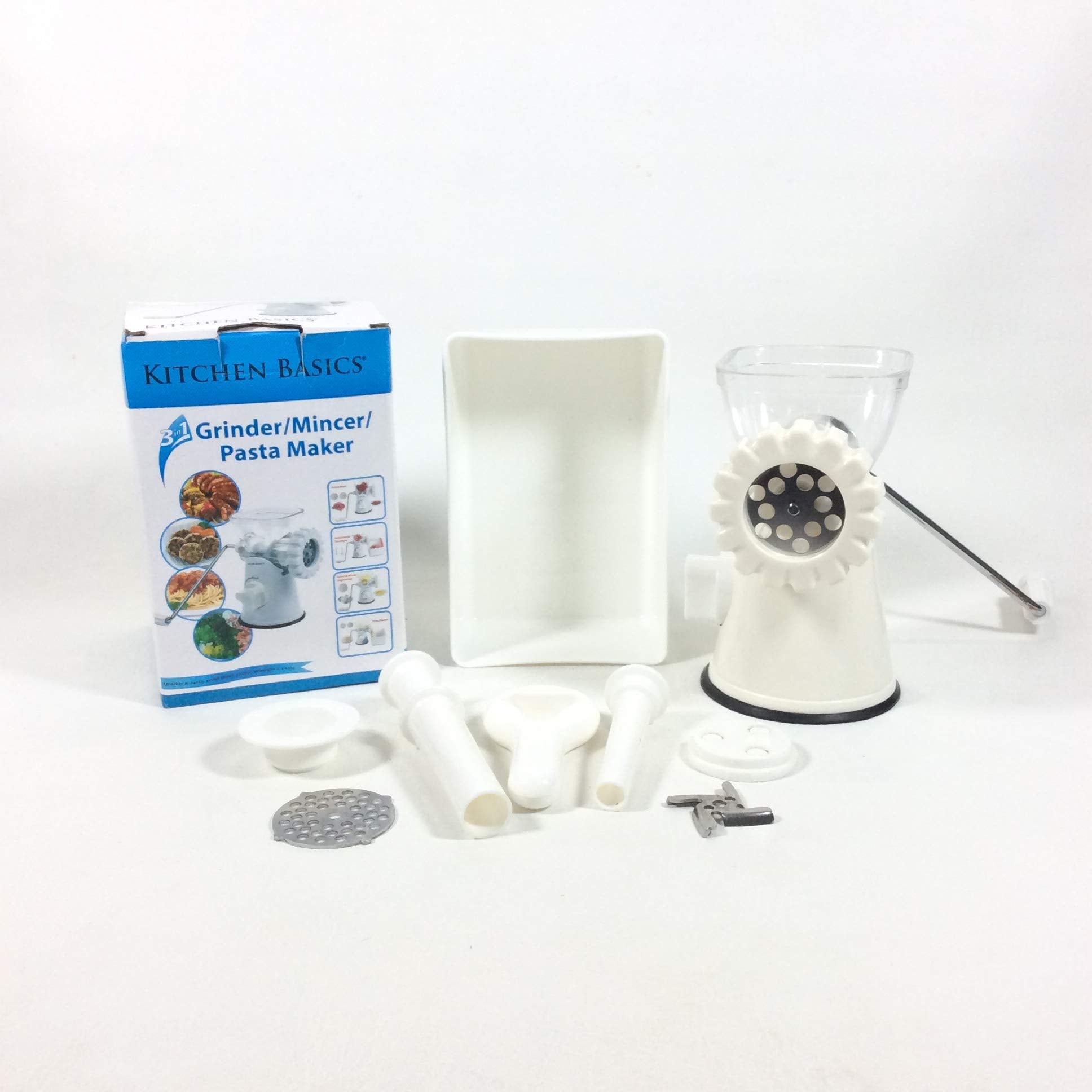 Kitchen Basics 3 N 1 Manual Meat and Vegetable Grinder Mincer, 3 Size Sausage Stuffer, Pasta Maker Bowl Inluded - Very Good
