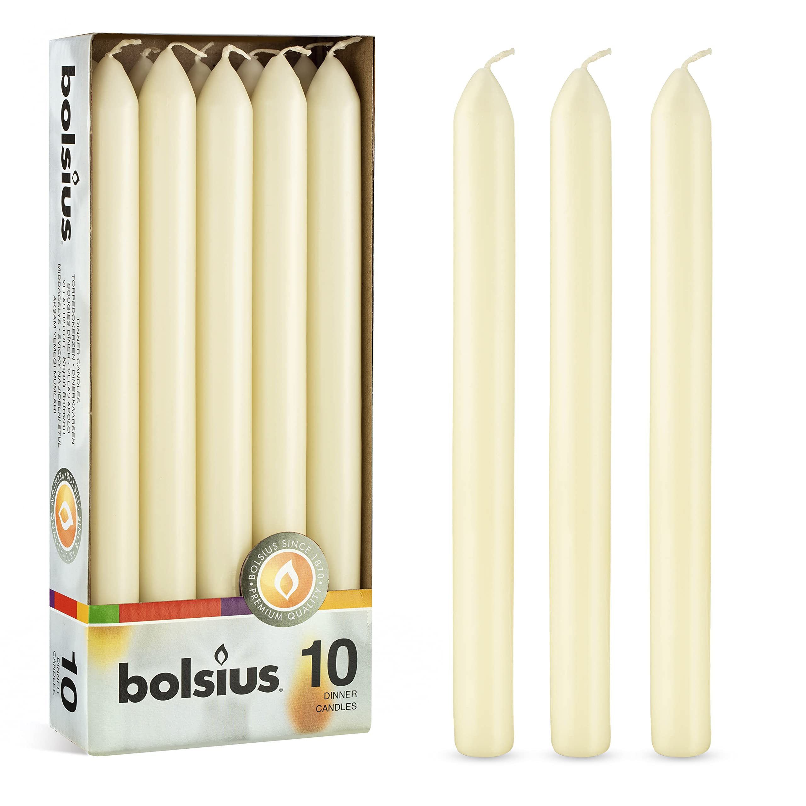BOLSIUS 10 Count Household Ivory Dinner Candles - 9 Inches - Premium European Quality - Approx. 8 Hours Burn Time - Unscented Dripless and Smokeless, Restaurant, Wedding, Spa, and Party Candlesticks - Acceptable