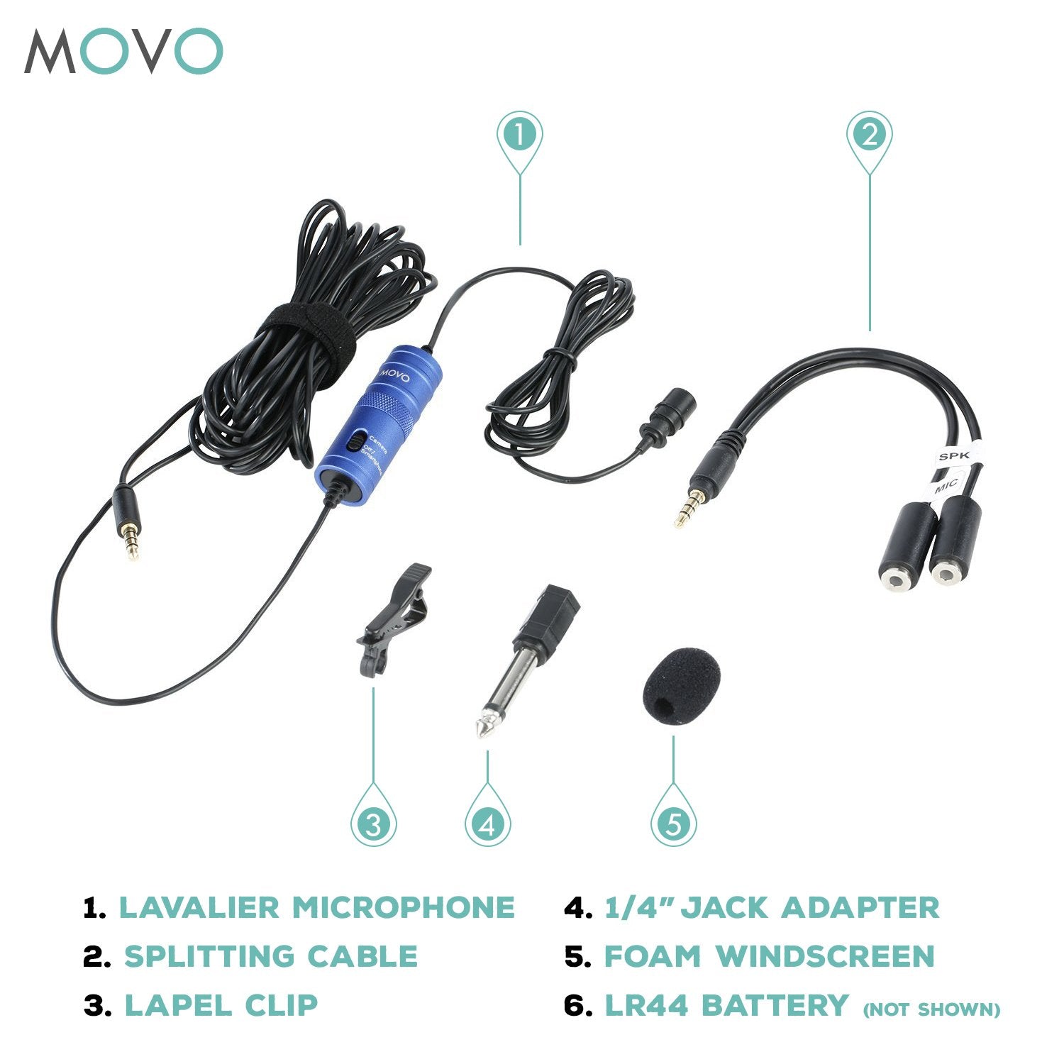 Movo LV1 Lavalier Lapel Clip-on Omnidirectional Condenser Microphone with Headphone Monitoring for DSLR Cameras, Camcorders, iPhone and Android Smartphones (Blue) - Like New