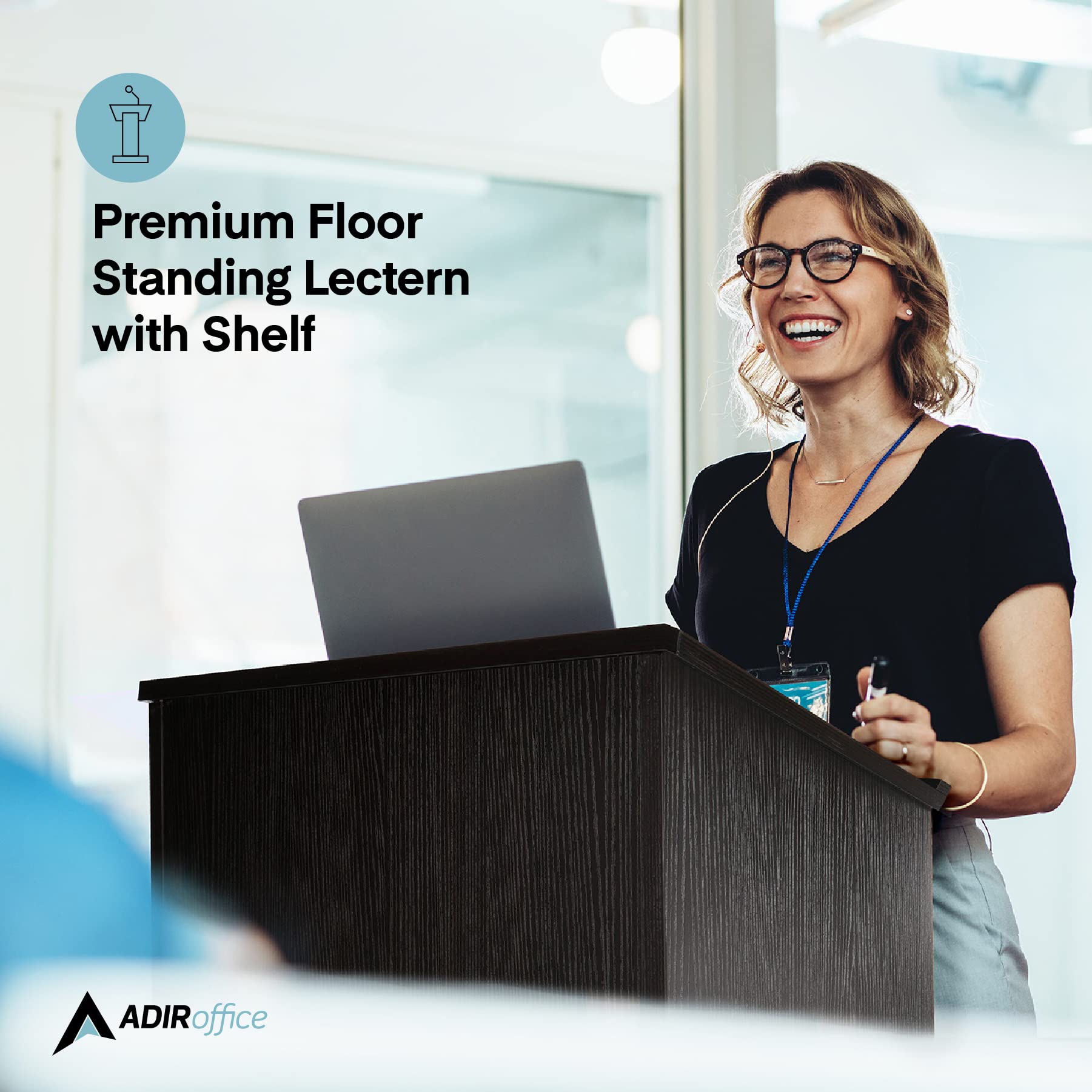 AdirOffice Stand up, Floor-Standing Podium, Lectern with Adjustable Shelf and Pen/Pencil Tray - Like New