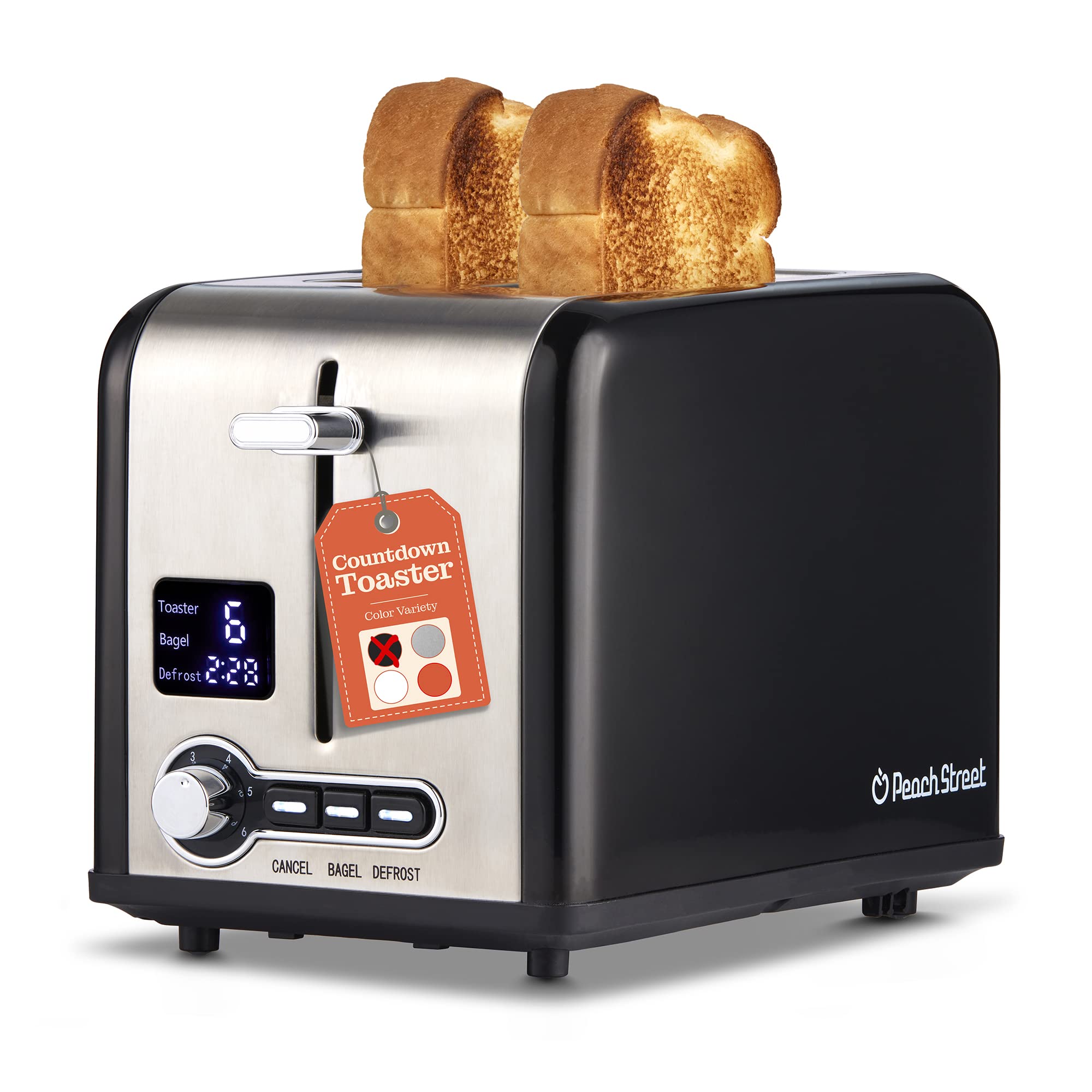 Peach Street Slice Toaster Compact Bread Toaster with Digital Countdown, Wide Slots, Auto-Pop Stainless Steel, 6 Browning Levels, Removable Crumb Tray, with Defrost, Bagel, and Cancel Function - Acceptable