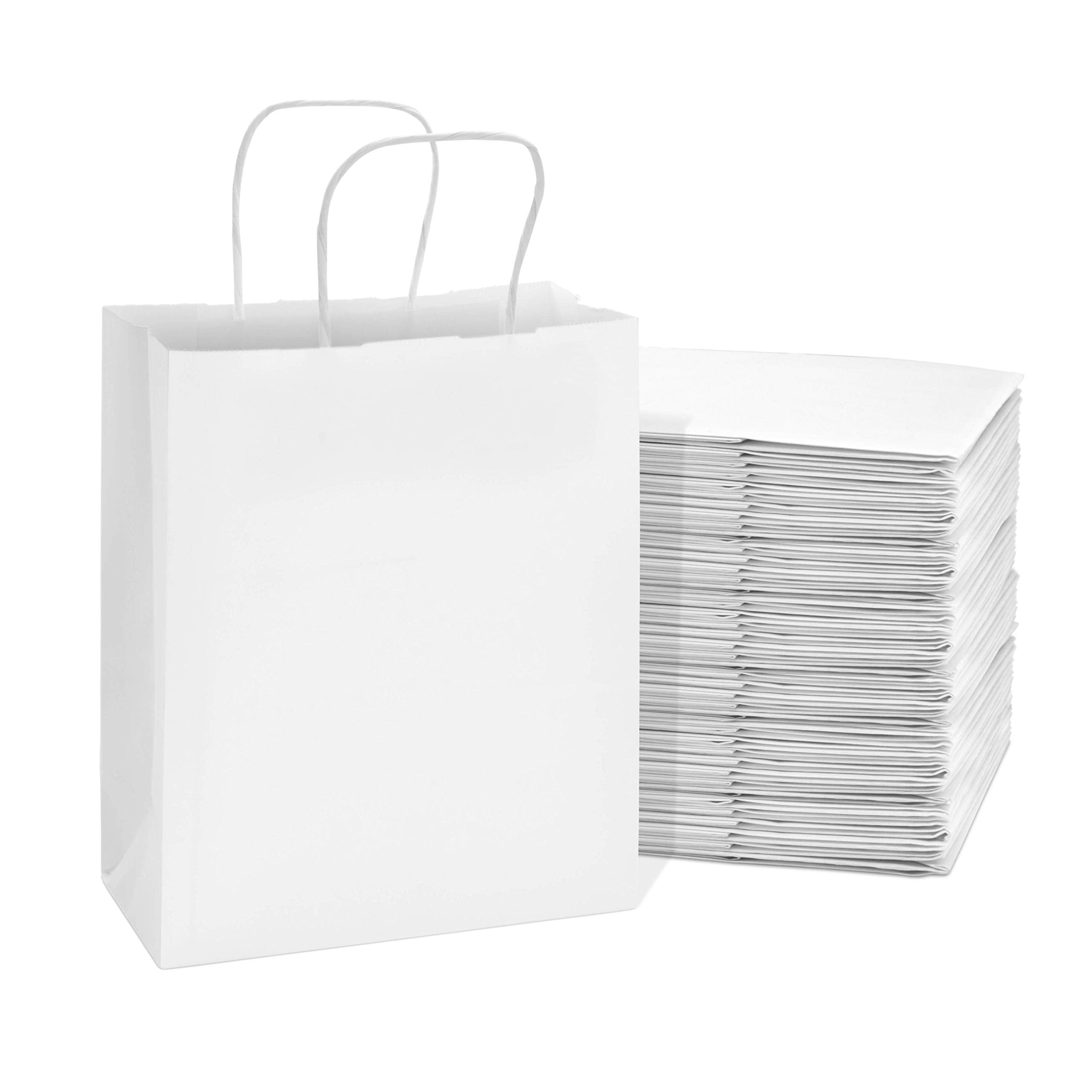 Prime Line Packaging 8x4x10 100 Pack White Gift Bags, Small Kraft Paper Bags with Handles for Small Business, Party Favor & Goodie Bags, Shopping, Bulk - Like New