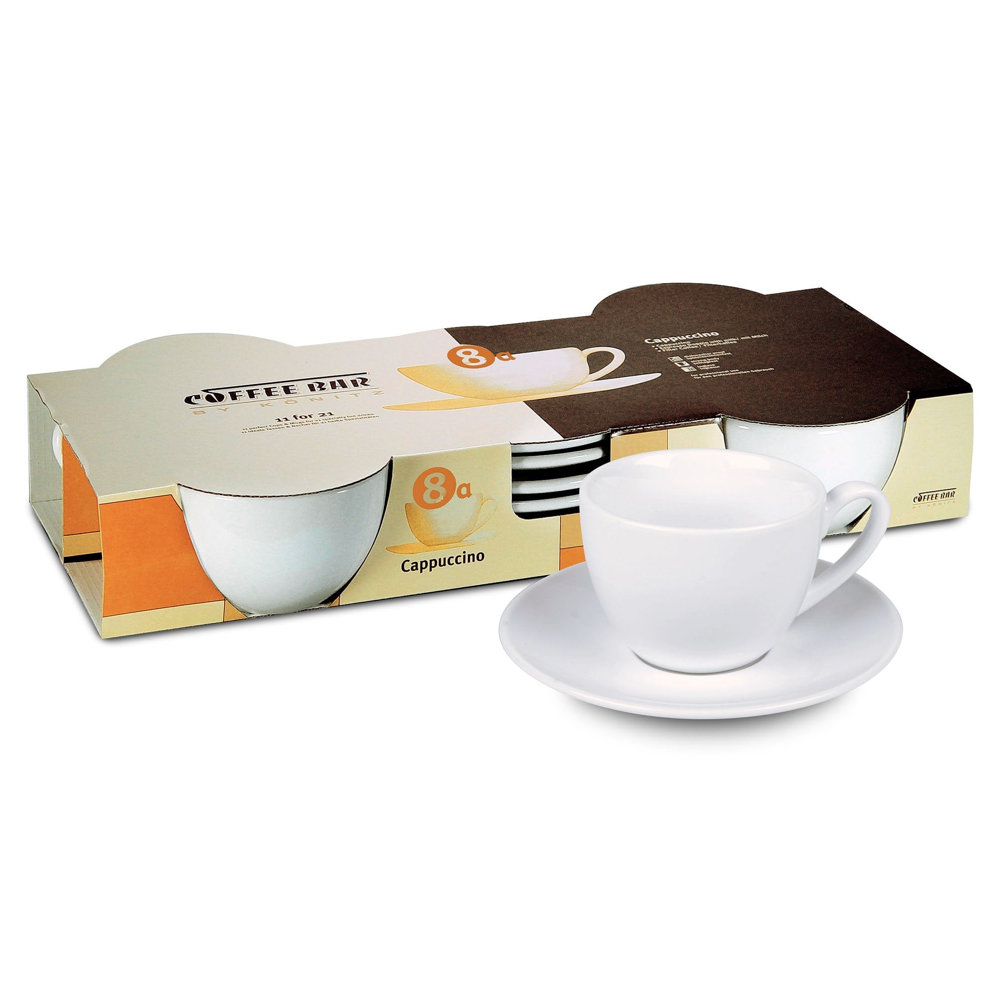 Konitz Coffee Bar Coffee Cups and Saucers, 7-Ounce, White, Set of 4 - Acceptable