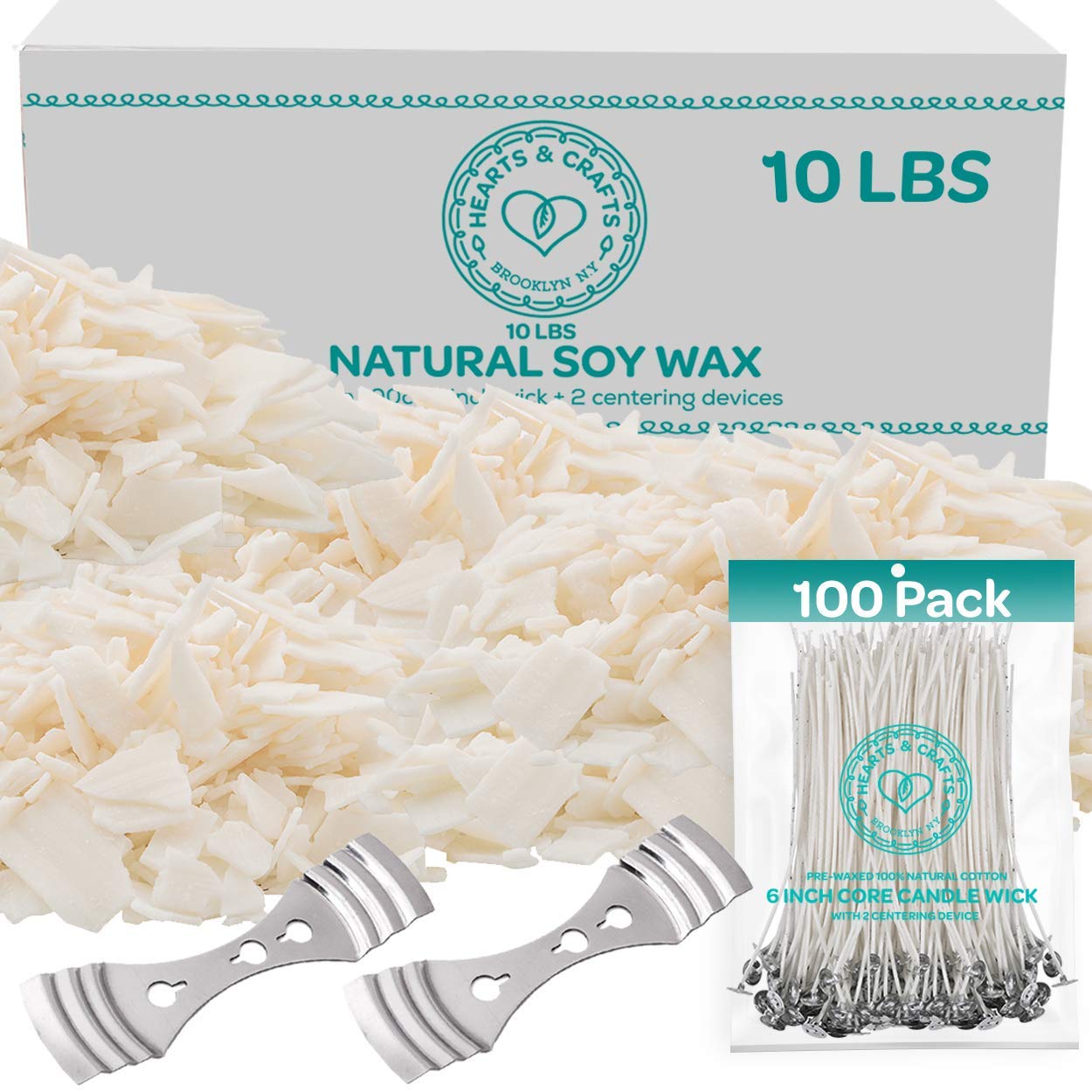 Hearts & Crafts Natural Soy Wax - Candle Making Wax Supplies - 4.5kg Soy Wax, 100 15cm Pre-Waxed Candle Wicks, & 2 Metal Centering Devices - Soy Wax Flakes for Candle Making - Soy Candle Wax Bulk - Very Good