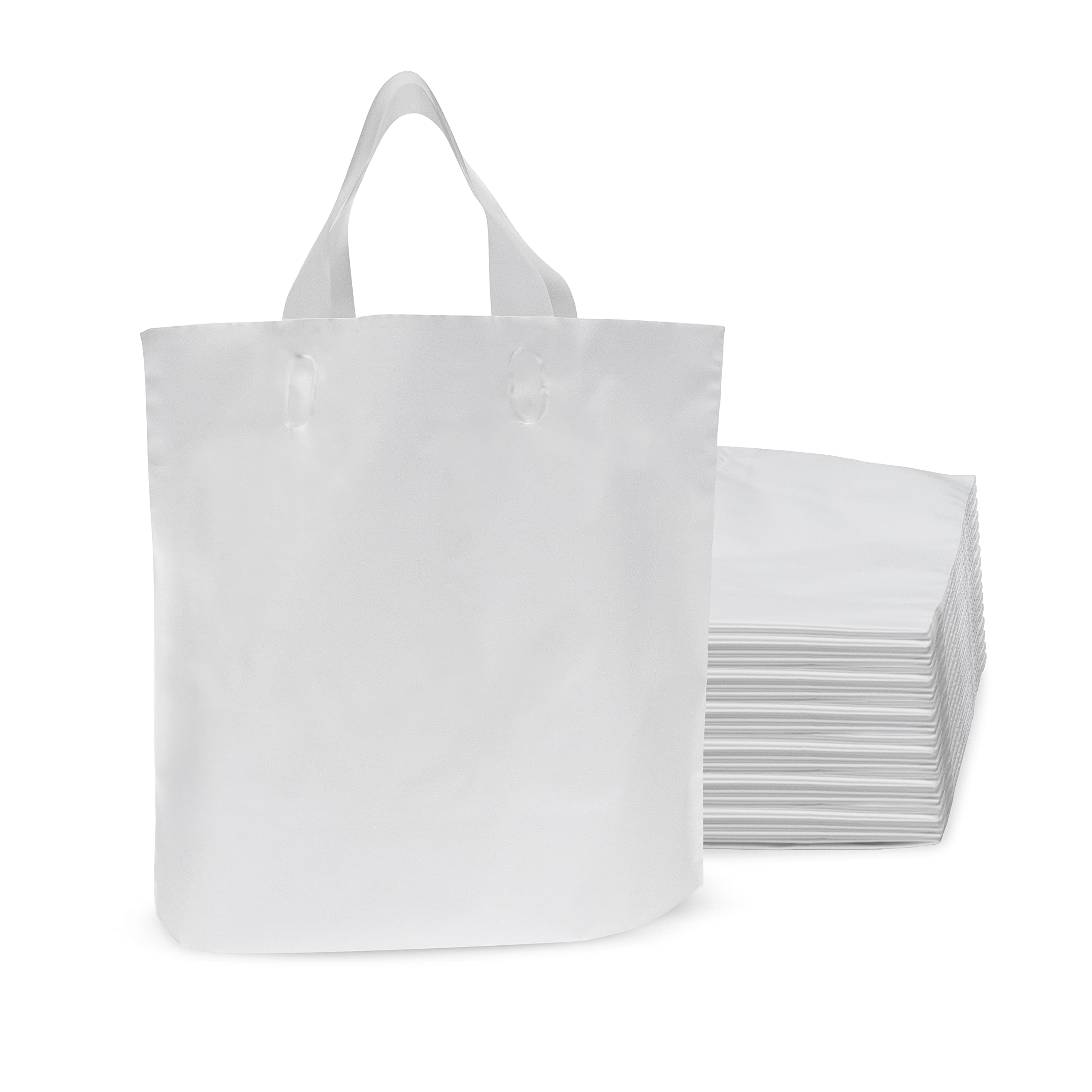 Plastic Bags with Handles - 50 Pack White Shopping Bags for Boutique, Large Opaque Plastic Tote Bags in Bulk for Small Business, Retail Stores, Parties, Events, Take Out, Thank You, Gifts - 12x4x10 - Acceptable