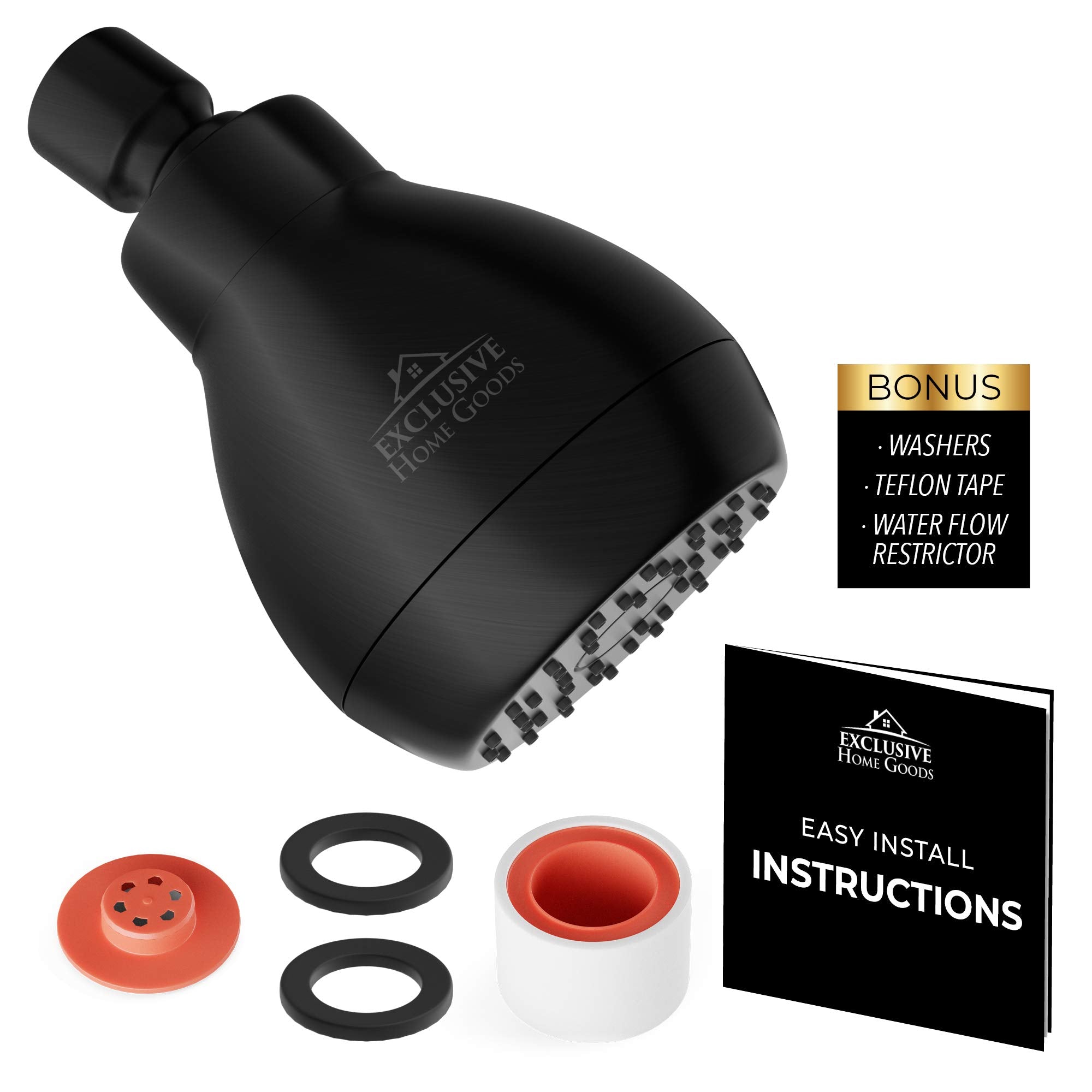 High Pressure Shower Head Matte Black - Powerful Deluxe Bathroom Showerhead with Strong Spray Stream and Small Silicone Nozzles - Universal Fit Works with High and Low Water Flow Showers-2.5 GPM - Acceptable