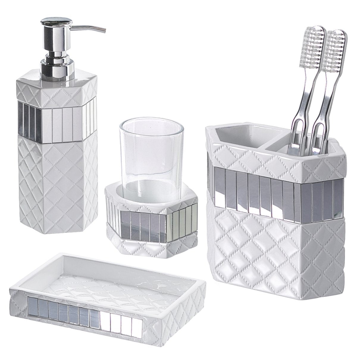 Creative Scents White Bathroom Accessories Set - Decorative 4 Piece Bathroom Set - Mirrored Bathroom Accessory Set Includes: Soap Dispenser, Toothbrush Holder, Tumbler & Soap Dish (Quilted Mirror) - Like New
