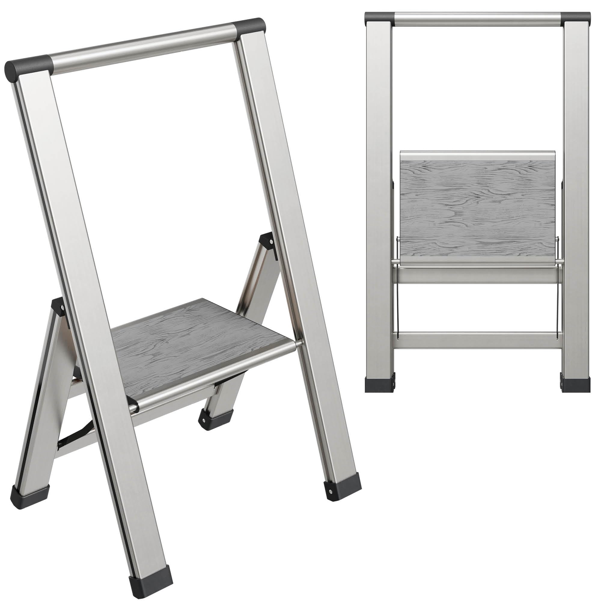 Step Ladder Folding, Decorative - Beautiful Gray Wood & Black Aluminum - Like New
