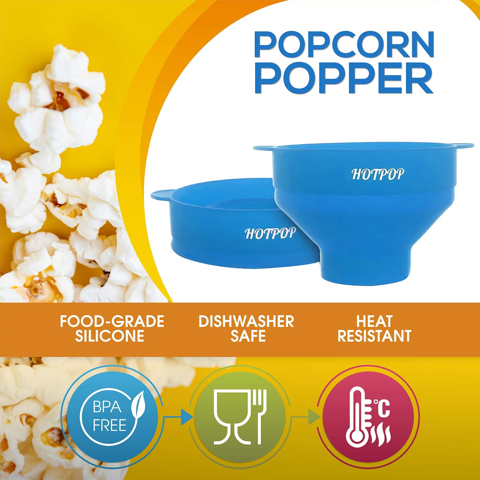 The Original Hotpop Microwave Popcorn Popper, Silicone Popcorn Maker, Collapsible Bowl BPA-Free and Dishwasher Safe- 20 Colors Available (Azure) - Like New