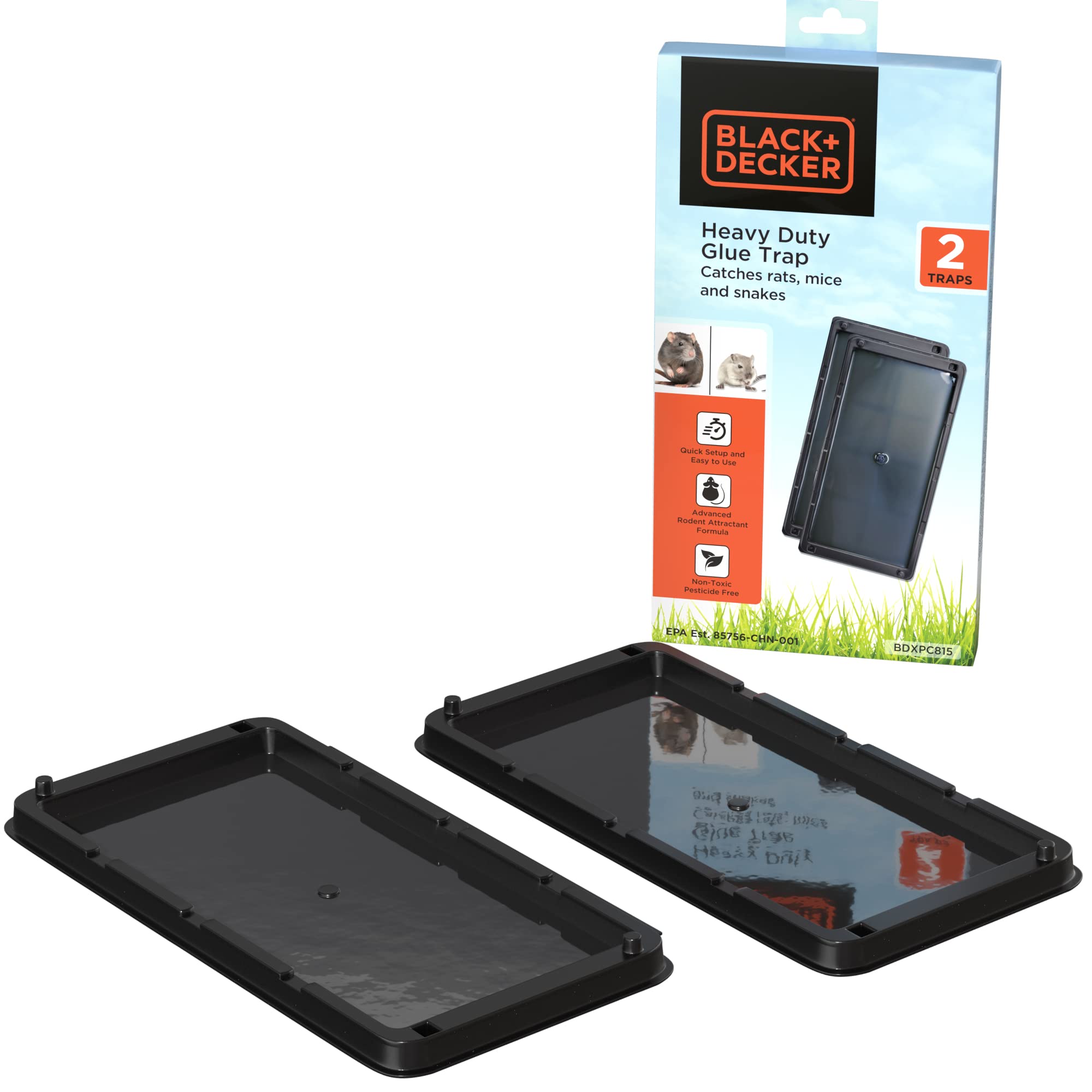 BLACK + DECKER Glue Traps for Mice and Rats- Heavy- Duty Sticky Mouse & Snake Trap- 2 Pre-Baited Trays for Rodents, Insects, Spiders & Other Vermins