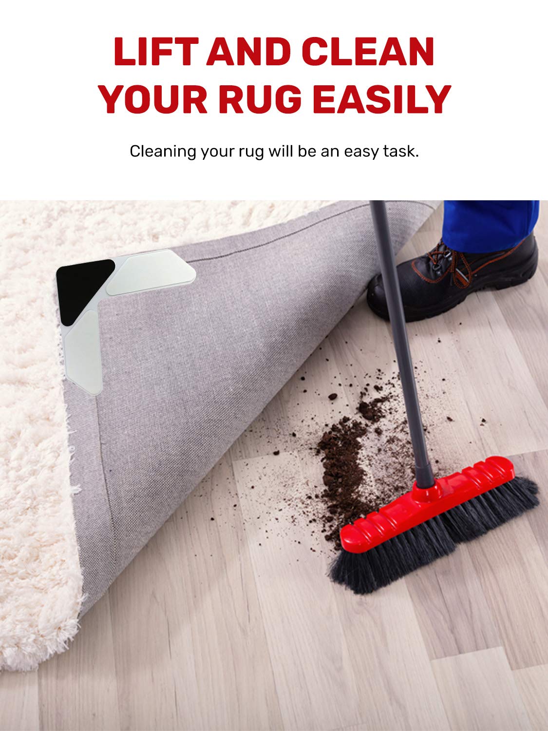 NeverCurl Rug Corner Grippers - Instantly Flattens Rug Corners Stops Rug Slipping, Stiff Layer Prevent Curling, Renewable Rug Gripper Sticky Gel, Easy Lift Design to Clean Under Rugs - Acceptable