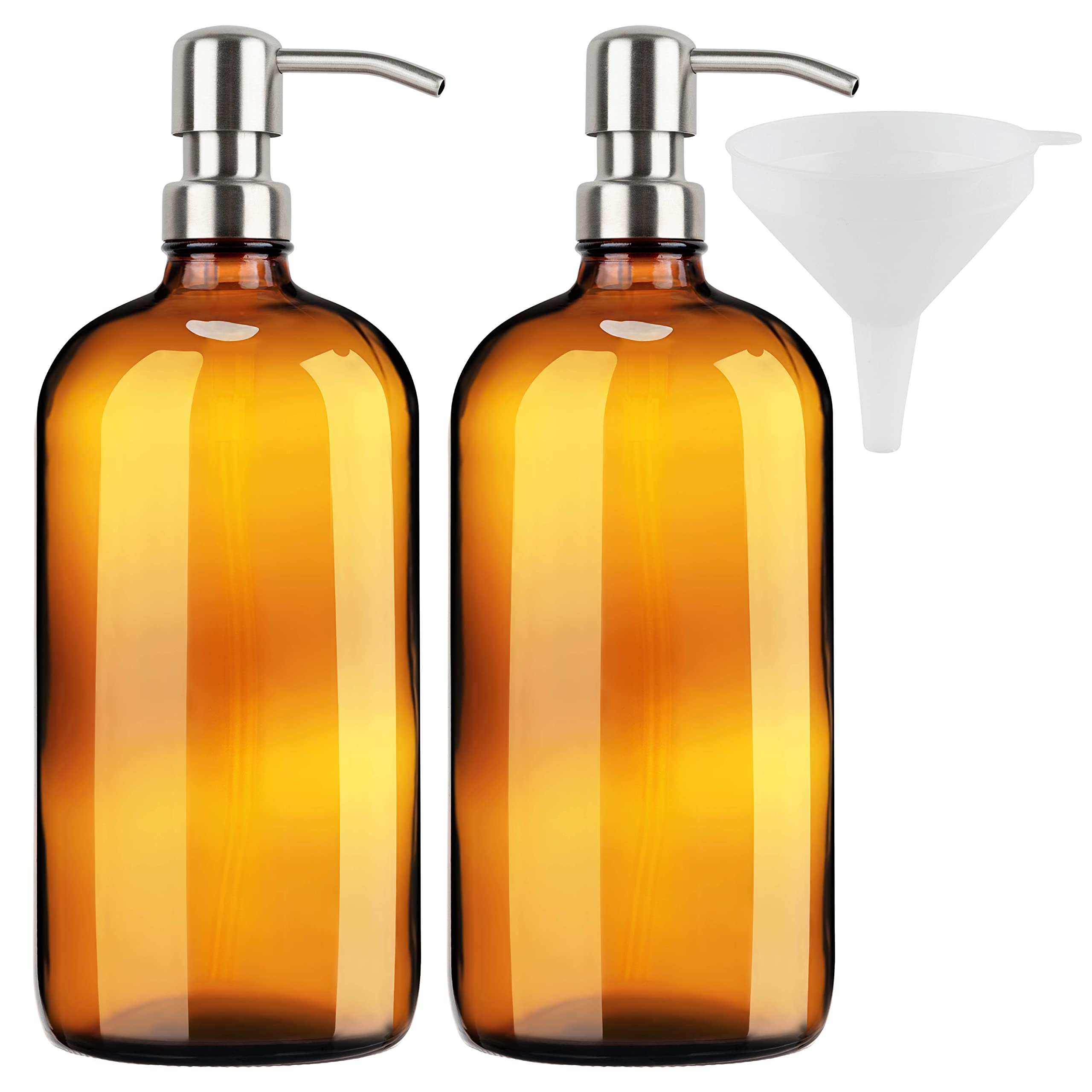Kitchentoolz Amber Glass Soap Dispenser 4 Pack 32 Ounce Bottles Rustproof Stainless Steel Pump, Funnel. Modern Farmhouse Vintage Jar, Bathroom Kitchen Accessories with Waterproof Labels - Like New