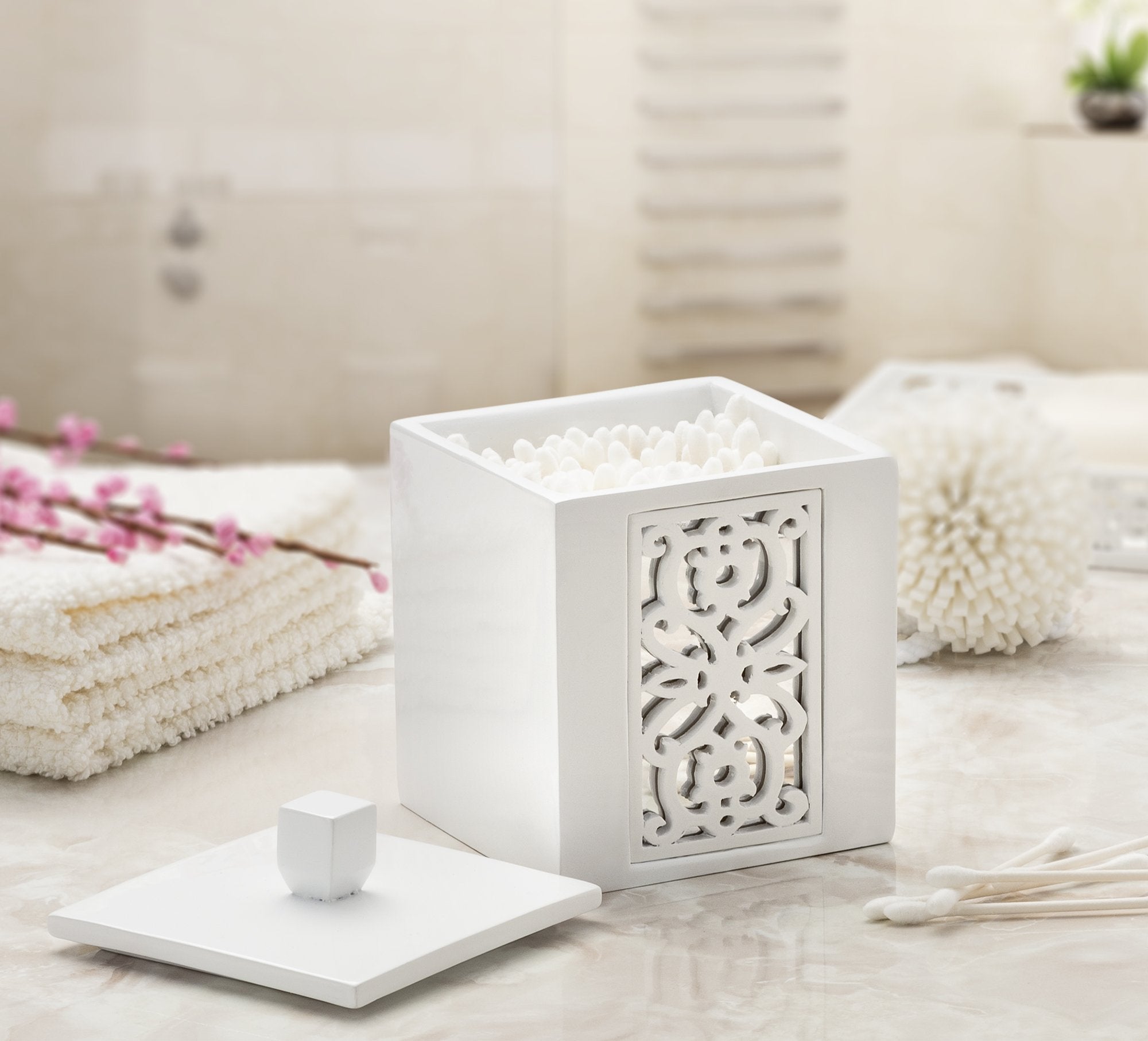 Creative Scents White Qtip Holder With Lid - Decorative Cotton Ball Jar - Durable Cotton Swab Container - Beautiful Bathroom Vanity Accessories - Elegant Bath Storage - (Mirror Janette Style) - Like New