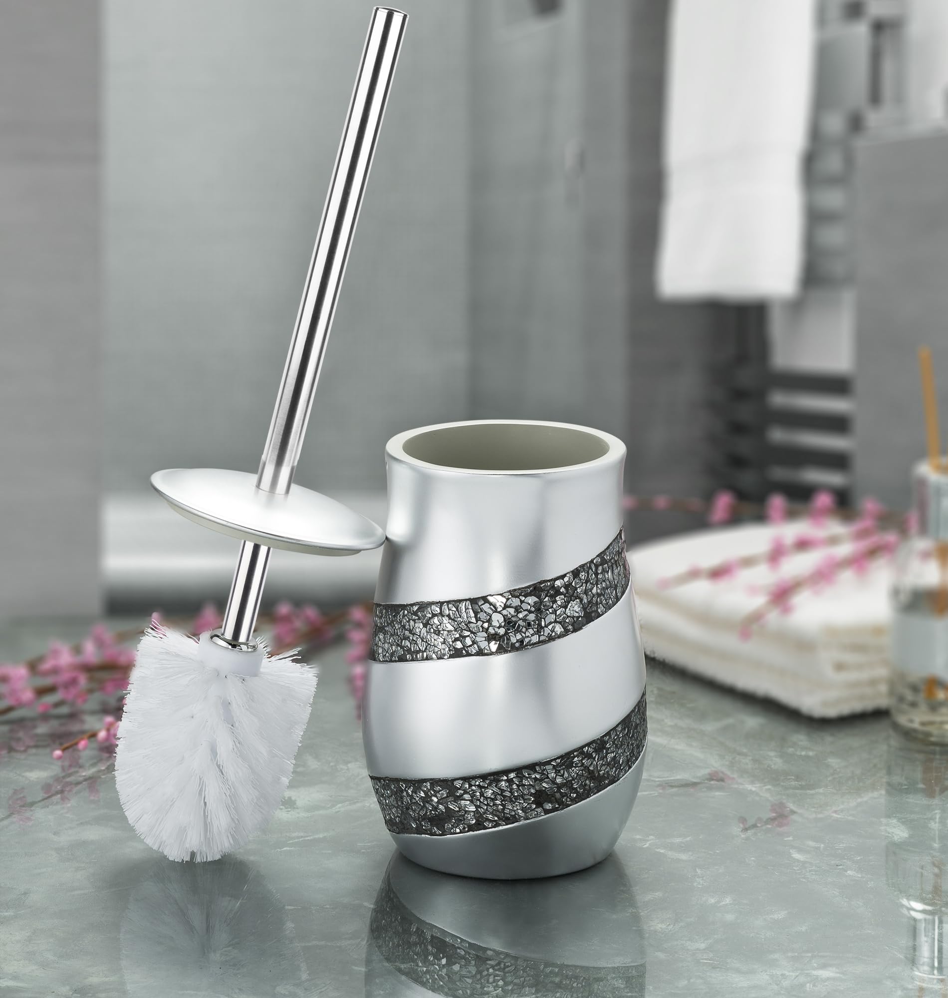 Creative Scents Toilet Brush and Holder Set - Silver Mosaic Toilet Bowl Brush and Holder, Toilet Cleaner Brush with Sturdy Stainless Steel Handle, Bathroom Toilet Scrubber Brush with Decorative Holder - Like New