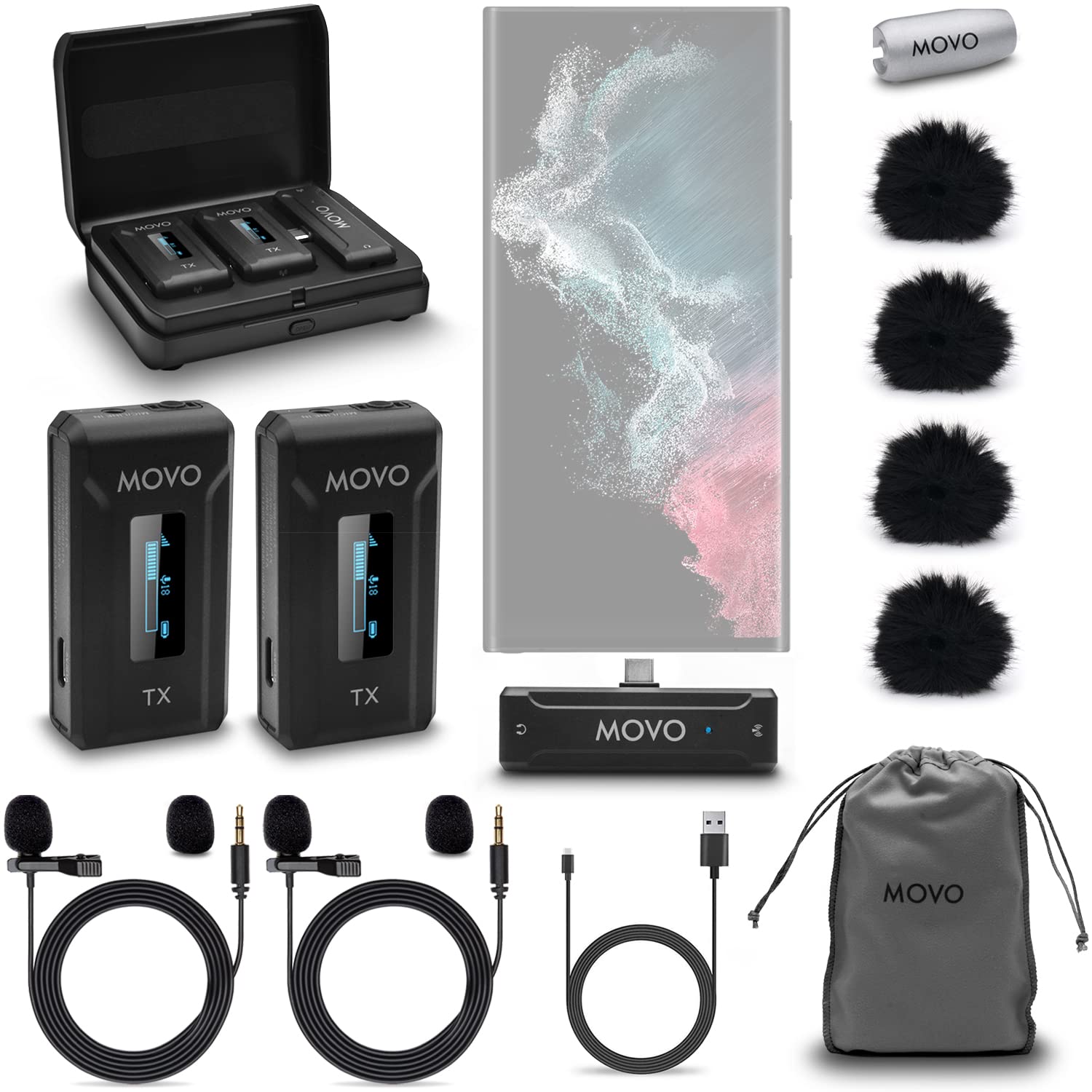 Movo WMX-2-C-DUO USB-C Wireless Microphone for Android with Charging Case - USB Type C Lavalier Mic for Phones, Laptops, Computers, and More - Very Good