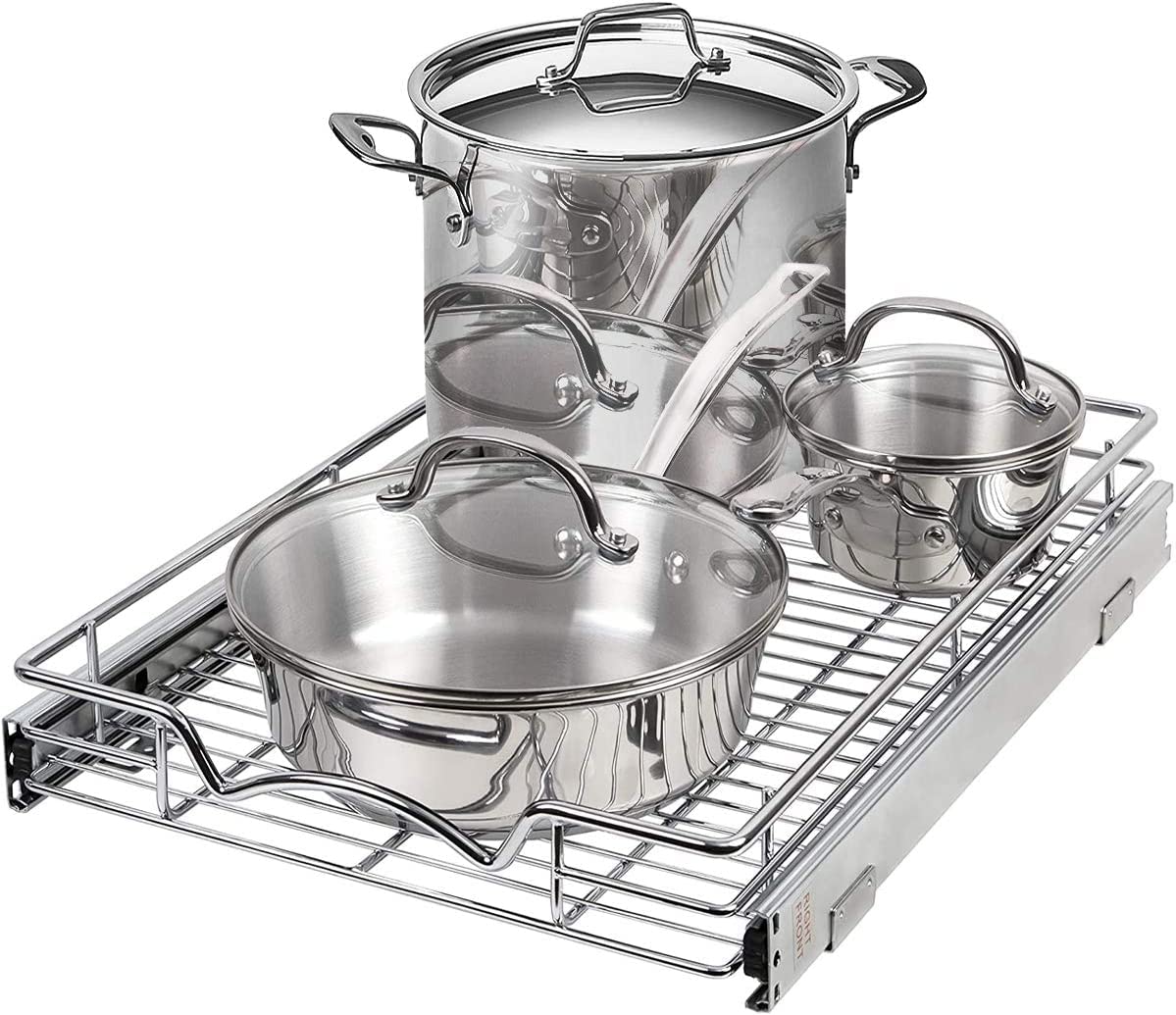 Hold N’ Storage - Pull Out Cabinet Drawer Organizer, Heavy Duty - 5 Year Limited Warranty - SlideOut Shelves - 17”W x 21”D - Requires a 18-1/4” Cabinet Opening, Steel Metal, Chrome Finish (Set of 4) - Like New