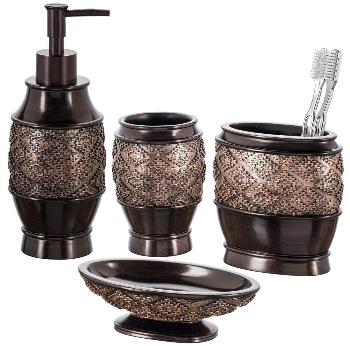 Creative Scents Dublin Bathroom Accessories Set, Bathroom Decor Sets Accessories Includes Soap Dispenser, Bar Soap Dish, Tumbler, and Toothbrush Holder for Your Vanity Countertop (Brown) - Like New